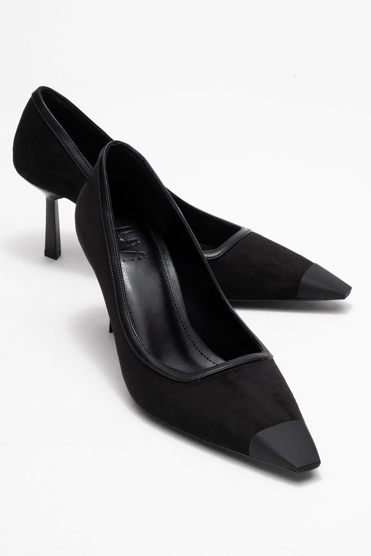 Rona - Black Matte Toe Heeled Shoe – front three-quarter view showing leather, suede, black, Vowalisse