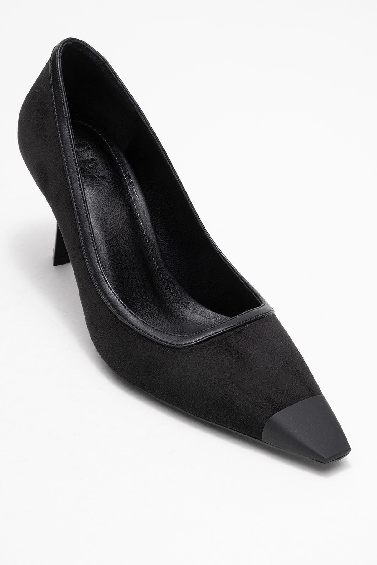 Rona - Black Matte Toe Heeled Shoe – detail view showing leather, suede, black, Vowalisse