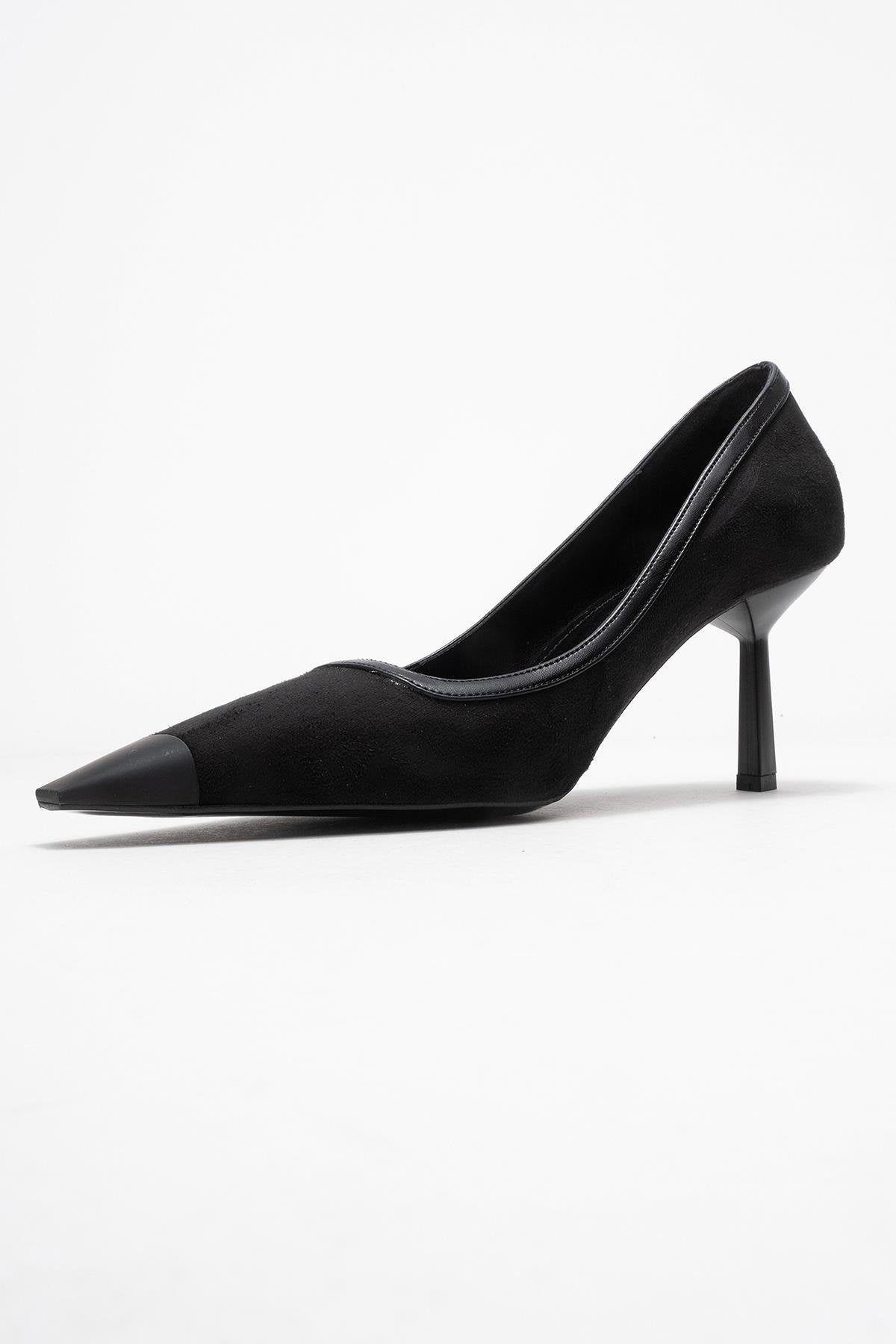 Rona - Black Matte Toe Heeled Shoe – heel view showing leather, suede, black, Vowalisse