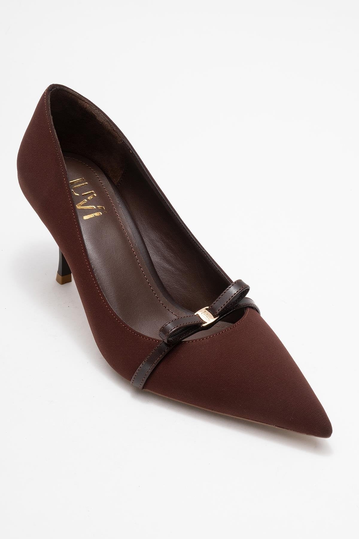 Annie - Brown Bow Heeled Shoe – detail view showing bow, leather, Vowalisse