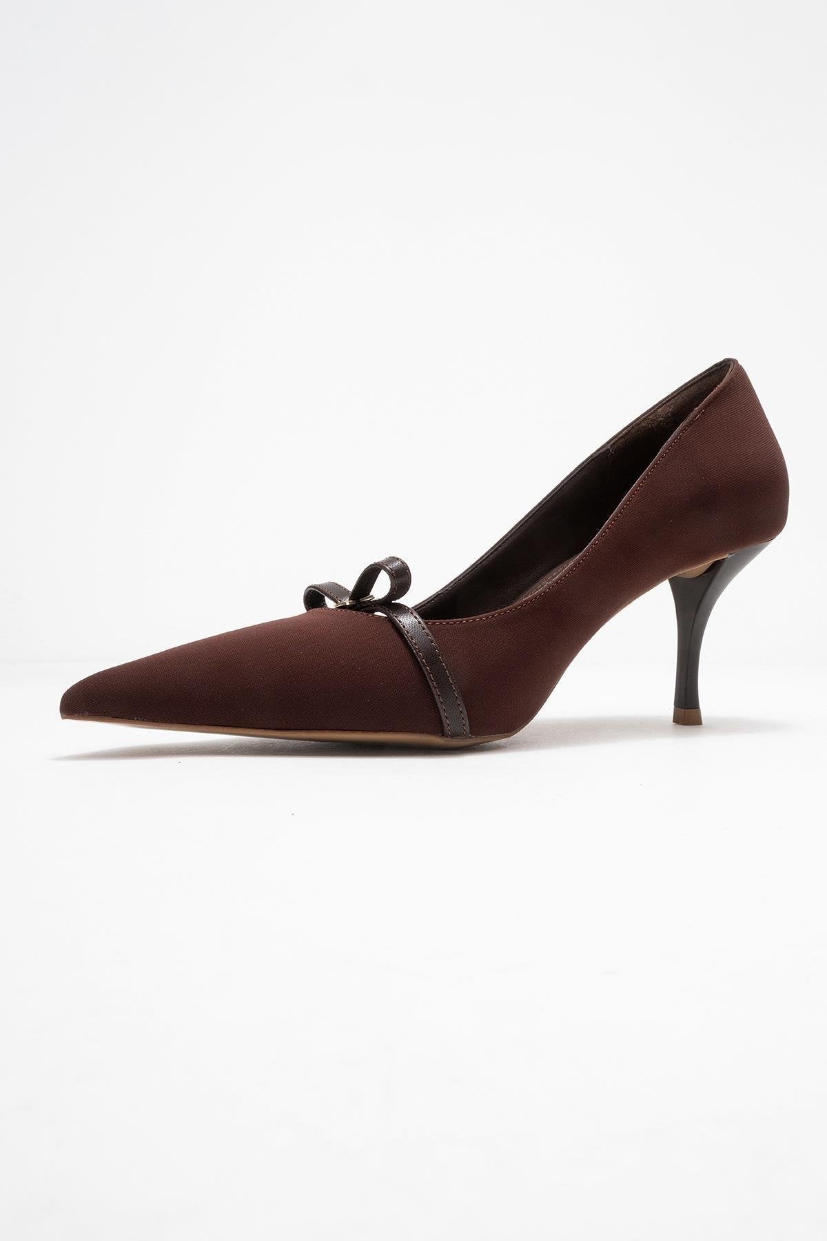 Annie - Brown Bow Heeled Shoe – heel view showing bow, leather, Vowalisse