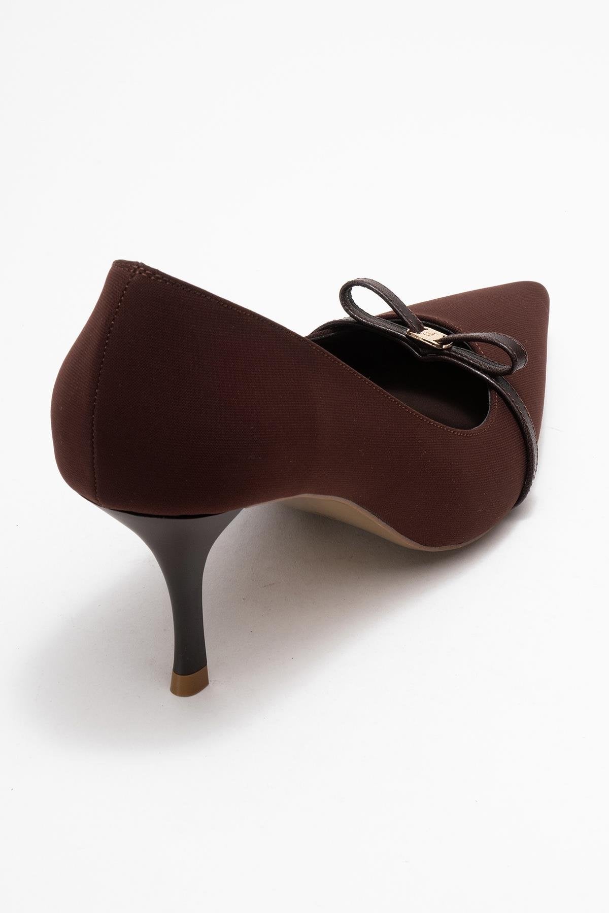 Annie - Brown Bow Heeled Shoe – back view showing bow, leather, Vowalisse
