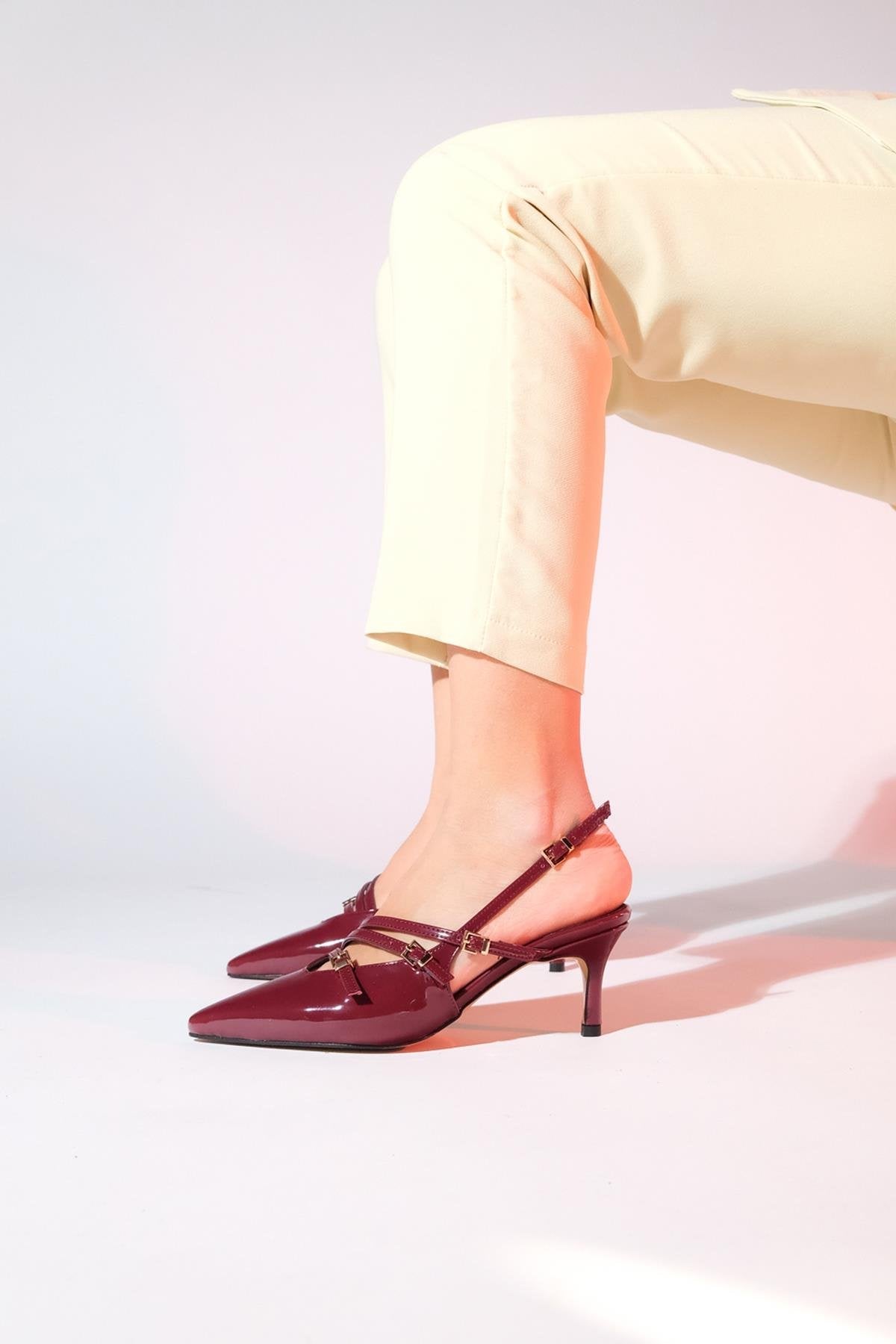 Magra Burgundy Patent Pointed-Toe Slingback Stiletto – detail view showing leather, red, Vowalisse
