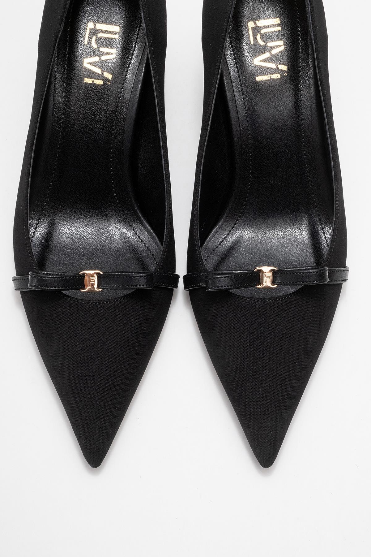 Annie - Black Bow Heeled Shoe – side view showing bow, leather, black, Vowalisse