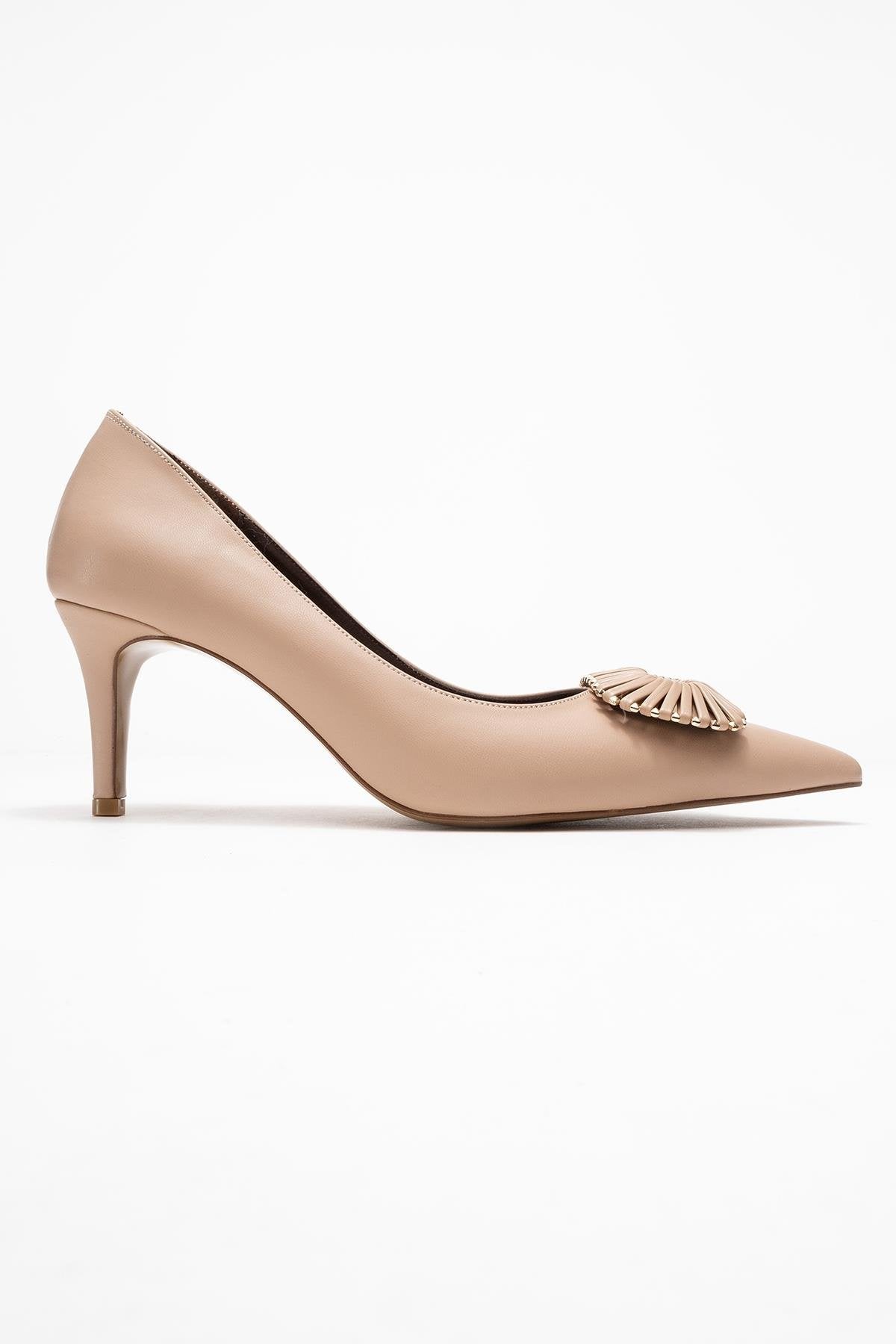 Great - Beige Brown Buckle Heeled Shoe – top view showing leather, Vowalisse