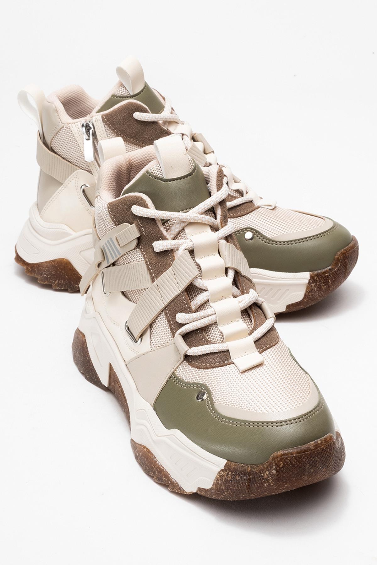 Seraphine - Beige Green Zip Lace-Up Sport Boot – front three-quarter view showing lace, leather, green, Vowalisse