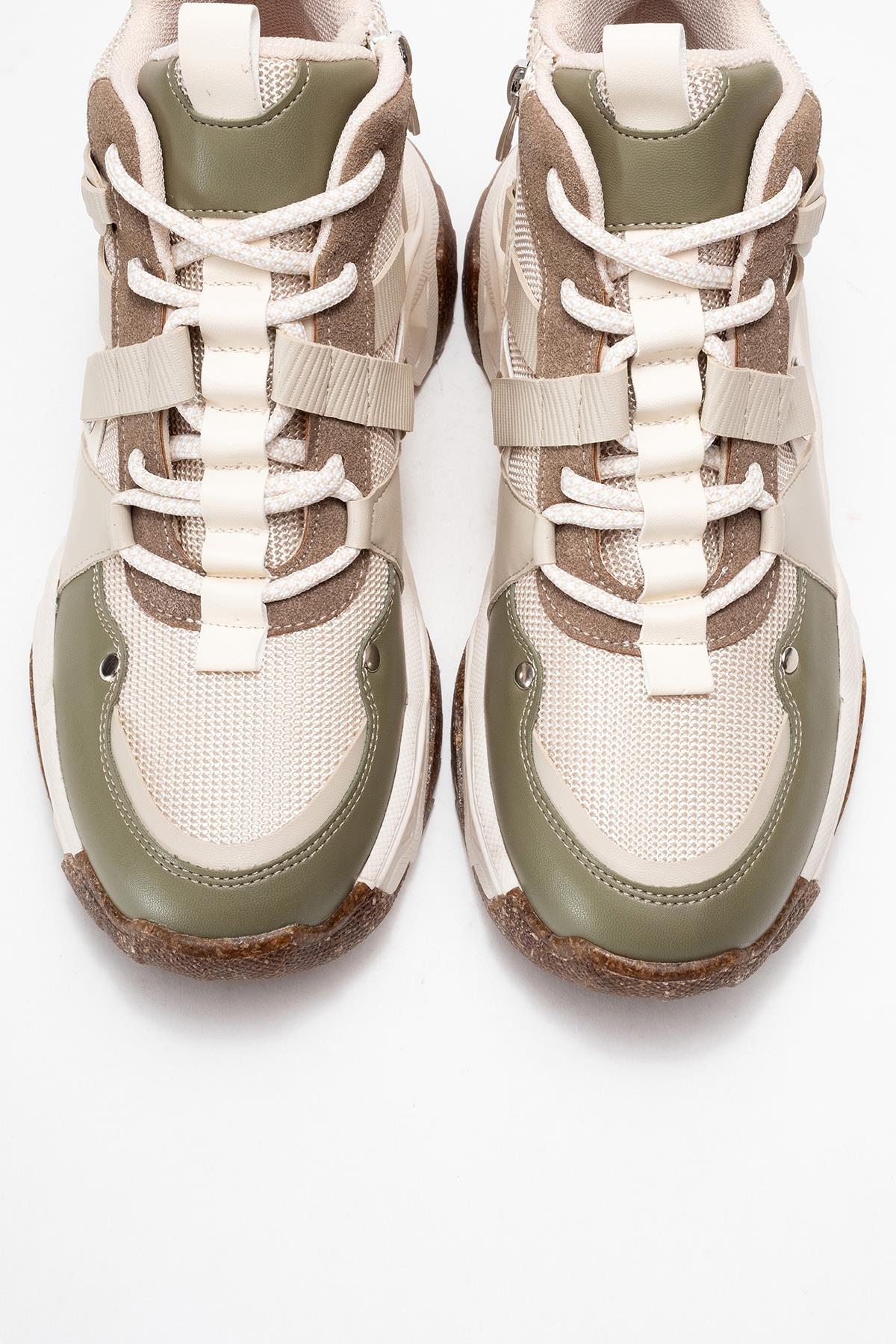 Seraphine - Beige Green Zip Lace-Up Sport Boot – side view showing lace, leather, green, Vowalisse