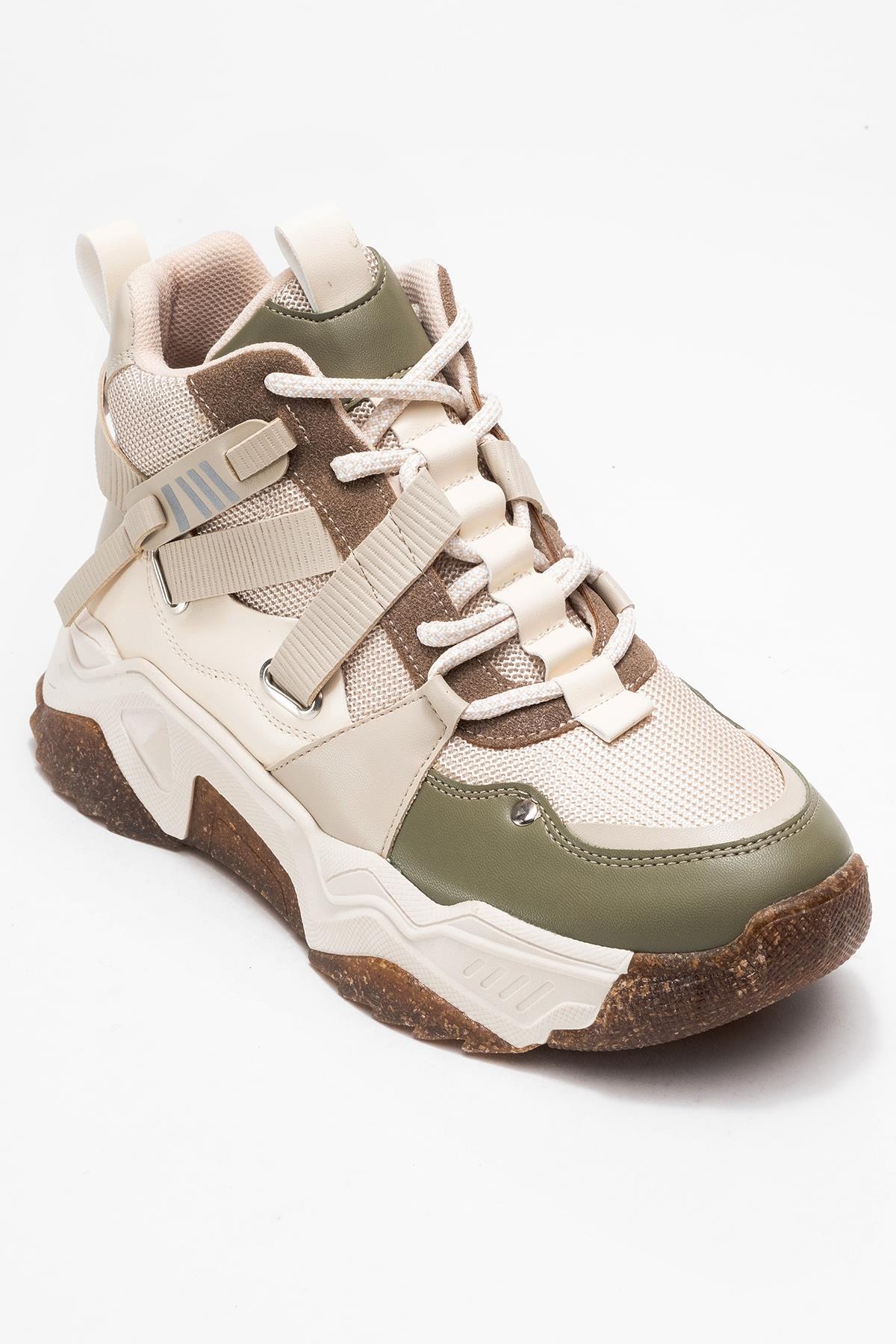 Seraphine - Beige Green Zip Lace-Up Sport Boot – detail view showing lace, leather, green, Vowalisse