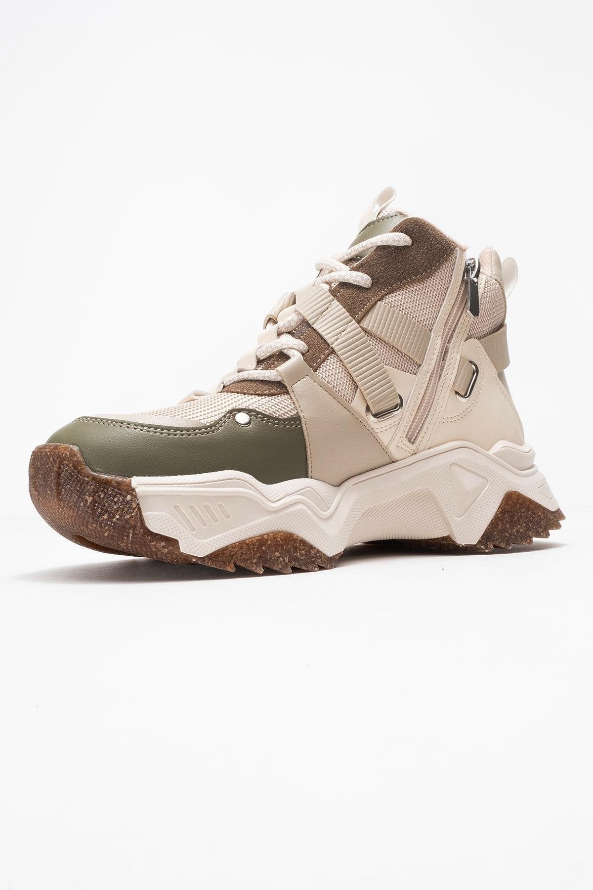 Seraphine - Beige Green Zip Lace-Up Sport Boot – heel view showing lace, leather, green, Vowalisse