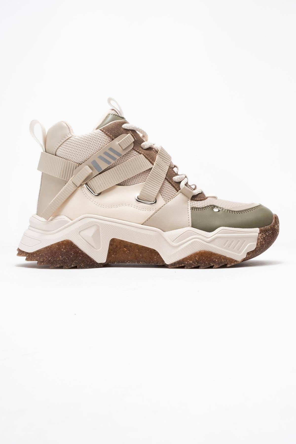 Seraphine - Beige Green Zip Lace-Up Sport Boot – top view showing lace, leather, green, Vowalisse