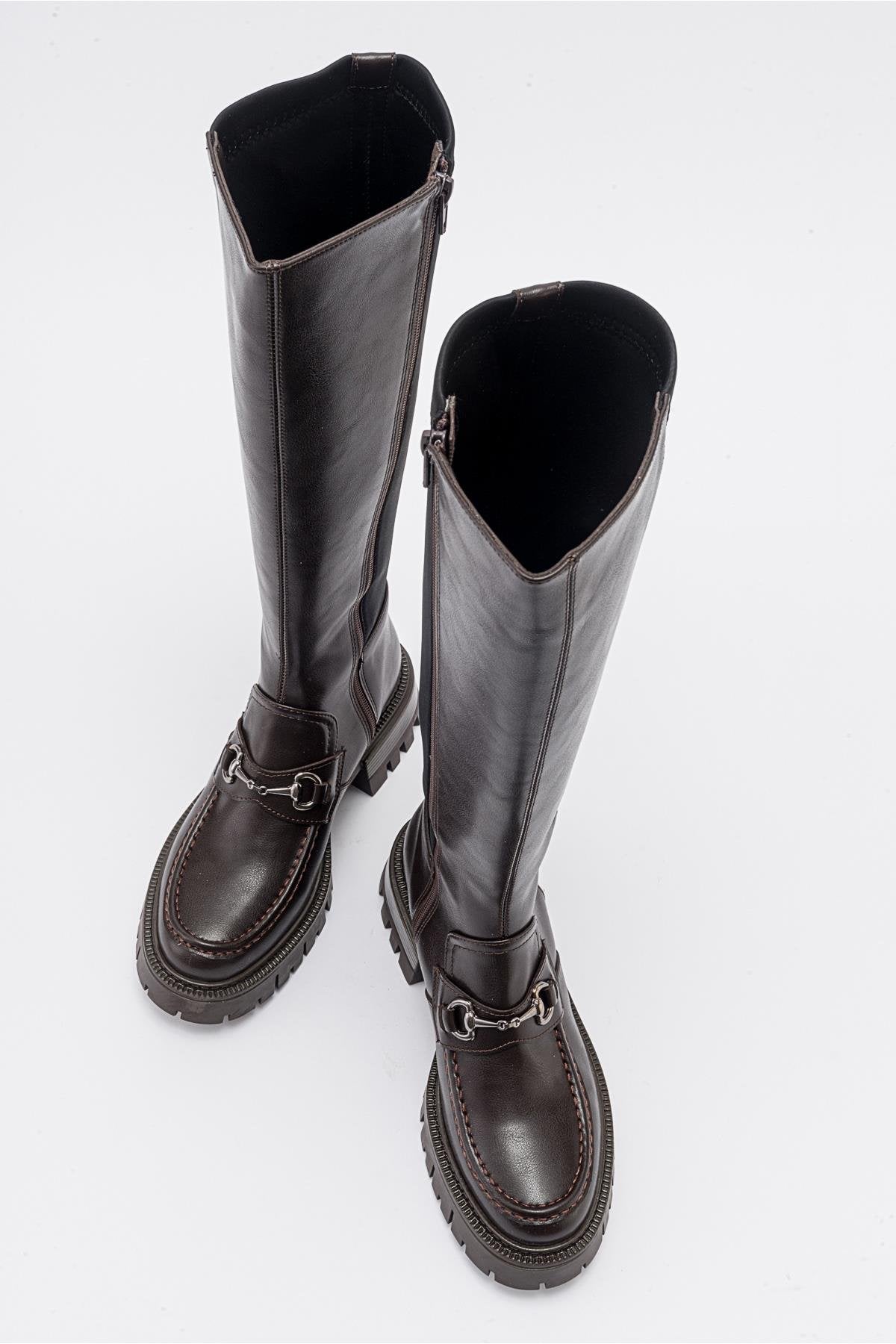 Chapel - Brown Leather Buckle Stretch Detail Boot – detail view showing leather, Vowalisse