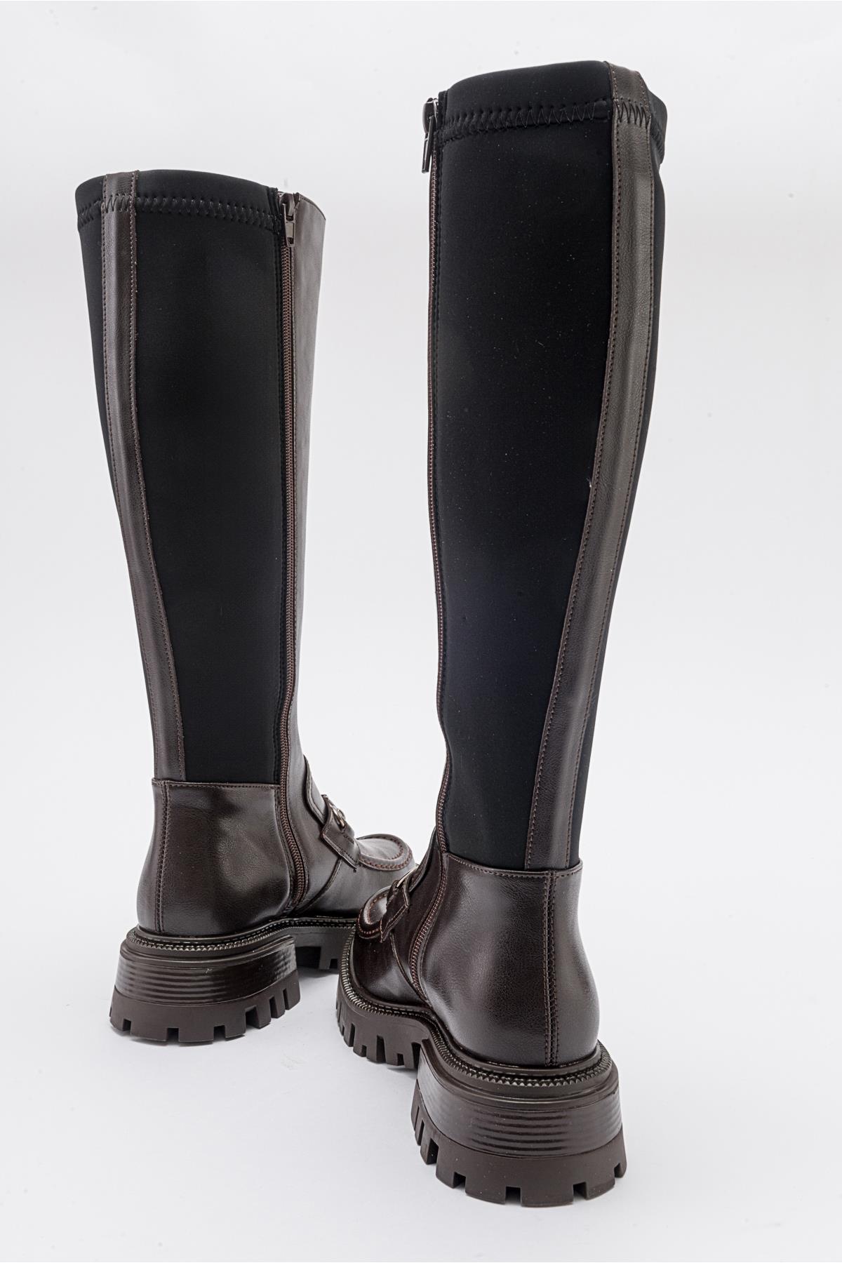 Chapel - Brown Leather Buckle Stretch Detail Boot – back view showing leather, Vowalisse