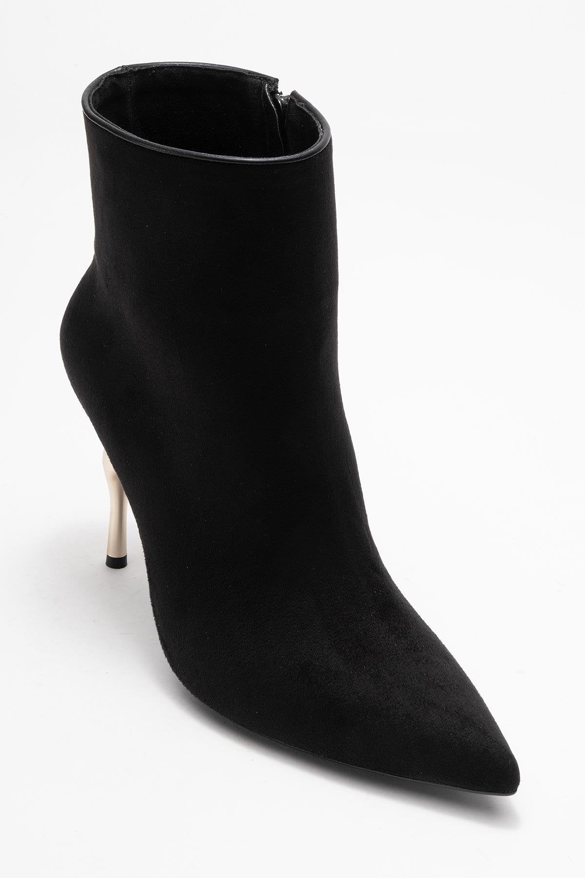 Crista - Black Pointed Toe Heeled Boot – detail view showing suede, black, Vowalisse