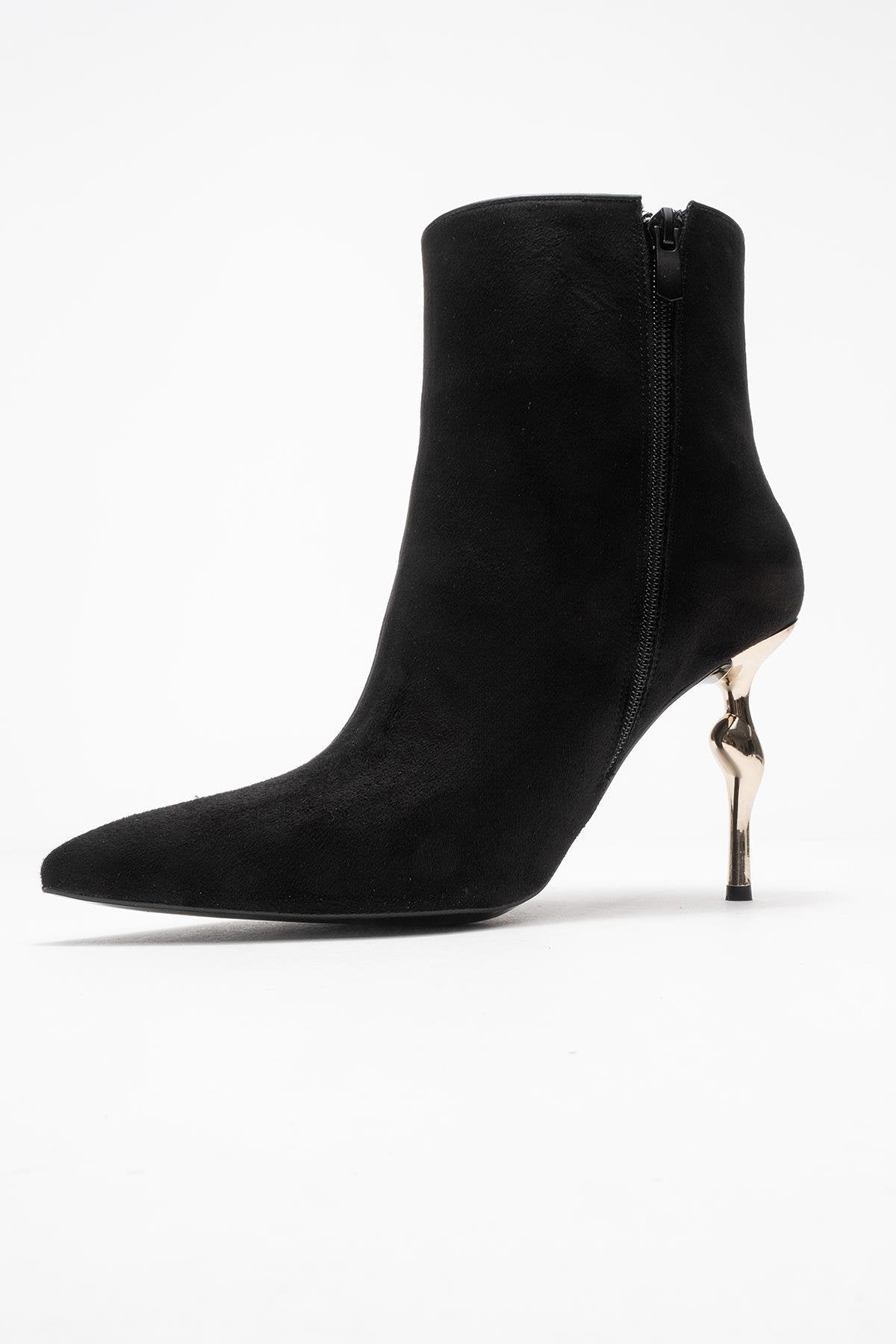 Crista - Black Pointed Toe Heeled Boot – heel view showing suede, black, Vowalisse