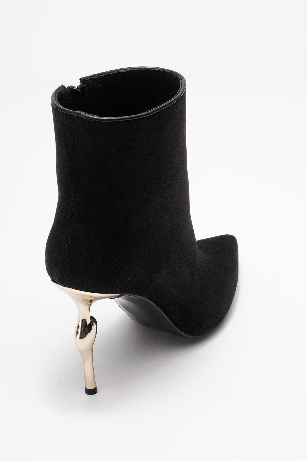 Crista - Black Pointed Toe Heeled Boot – back view showing suede, black, Vowalisse