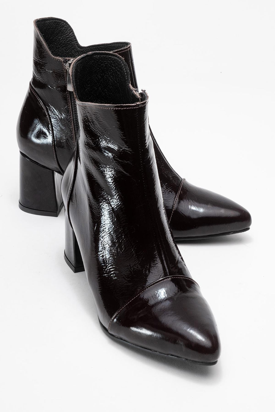 Gael - Dark Brown Patent Genuine Leather Block Heel Ankle Boot