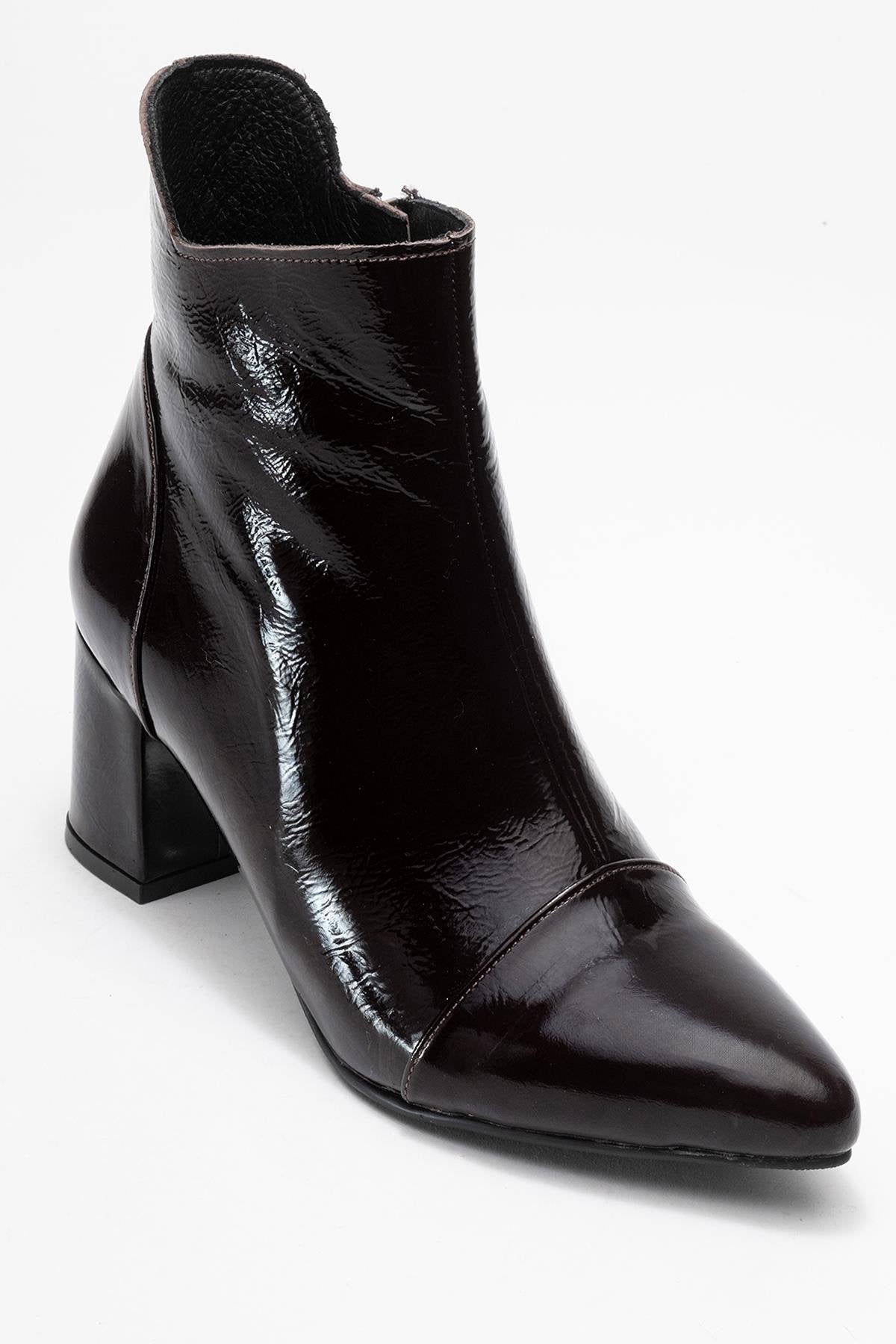 Gael - Dark Brown Patent Genuine Leather Block Heel Ankle Boot – detail view showing leather, red, Vowalisse