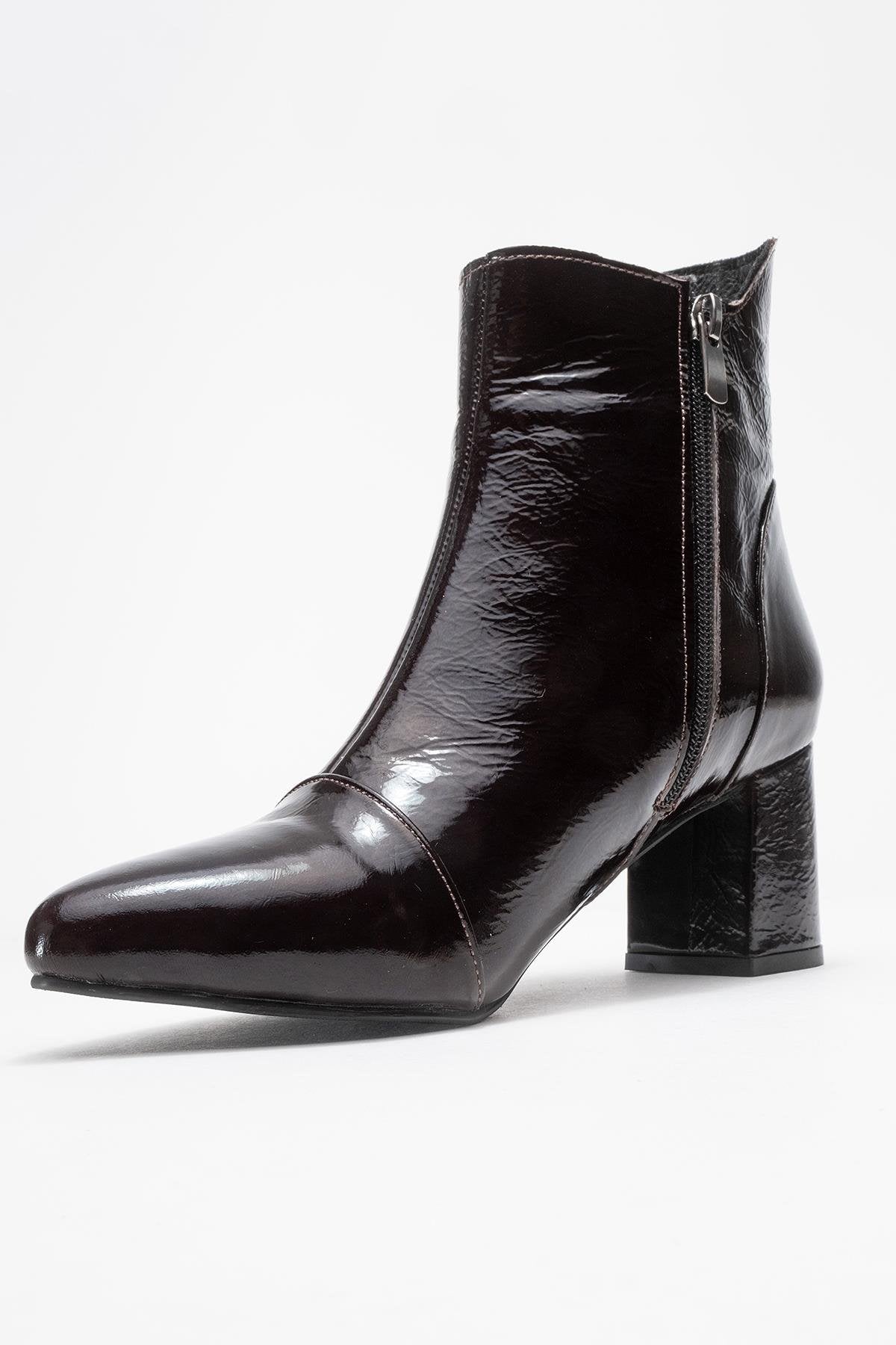 Gael - Dark Brown Patent Genuine Leather Block Heel Ankle Boot – heel view showing leather, red, Vowalisse