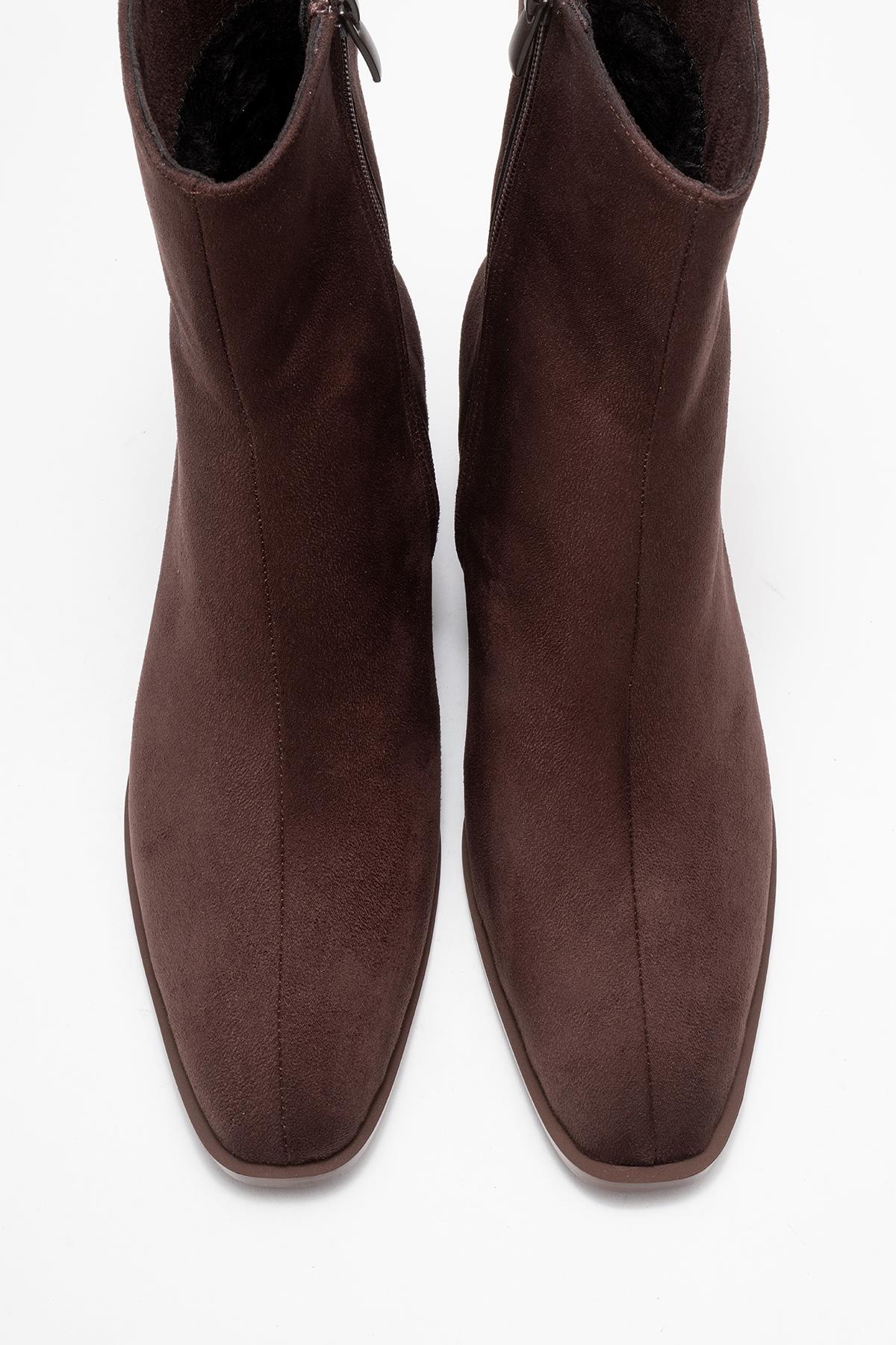 Chara - Brown Suede Block Heel Ankle Boot – side view showing suede, red, Vowalisse