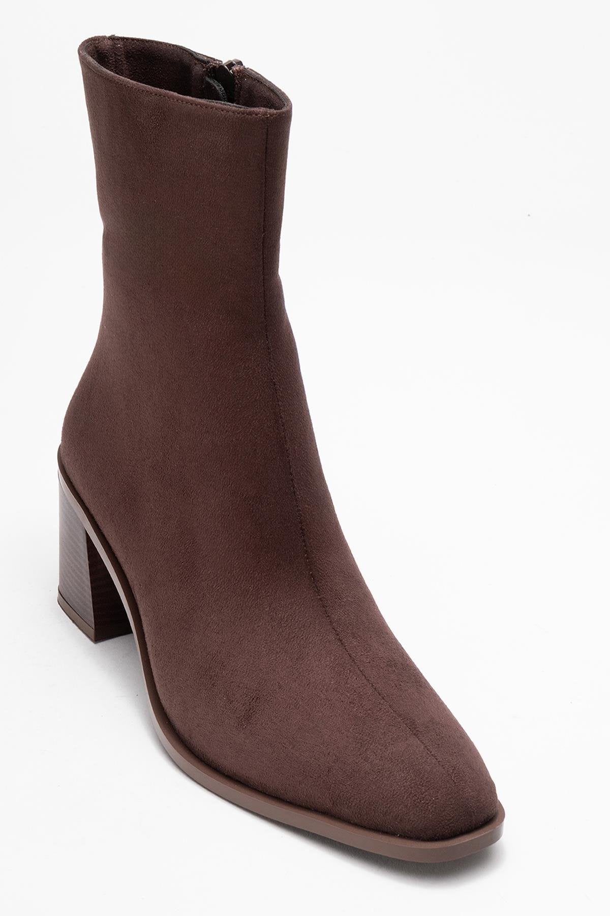 Chara - Brown Suede Block Heel Ankle Boot – detail view showing suede, red, Vowalisse