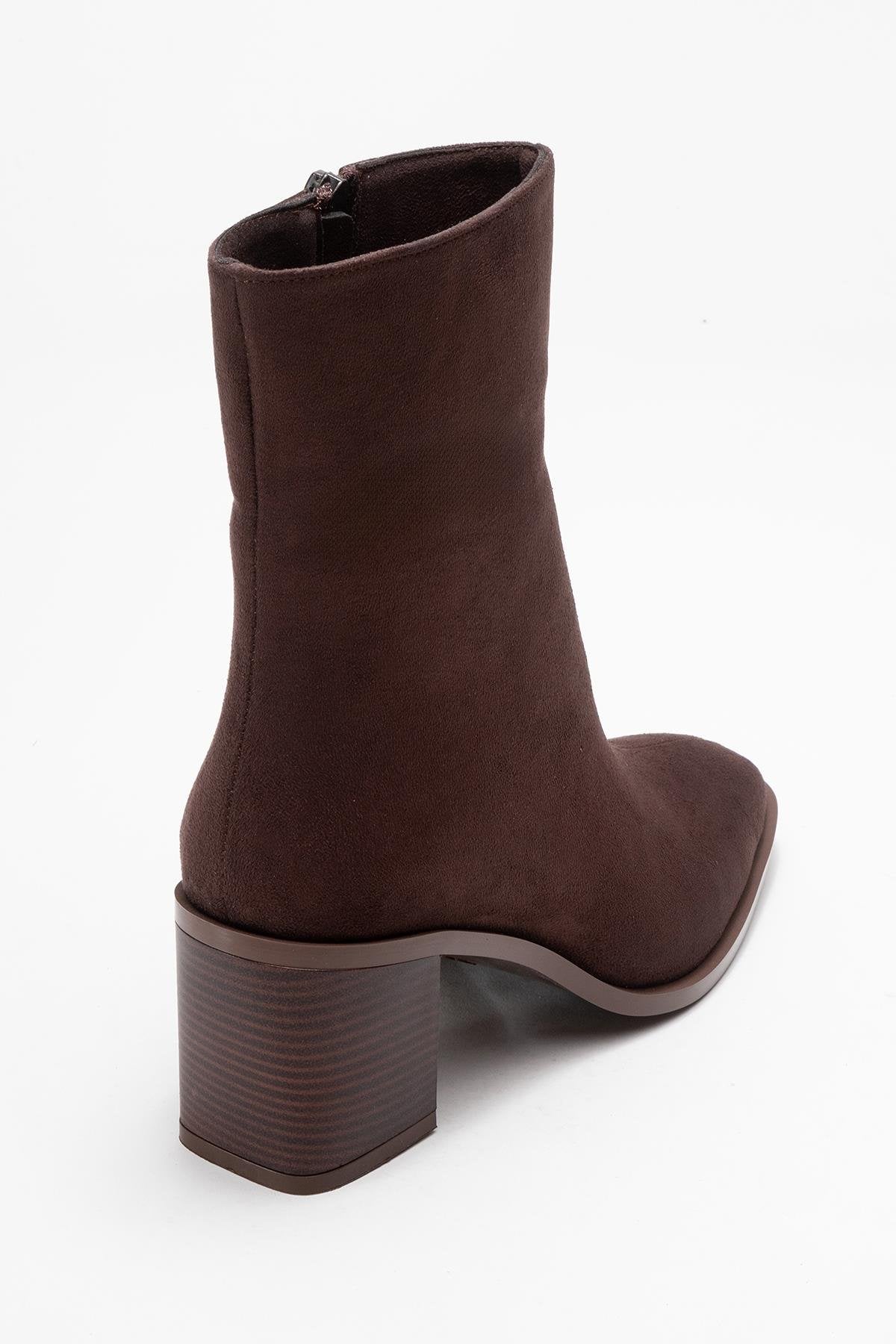 Chara - Brown Suede Block Heel Ankle Boot – back view showing suede, red, Vowalisse
