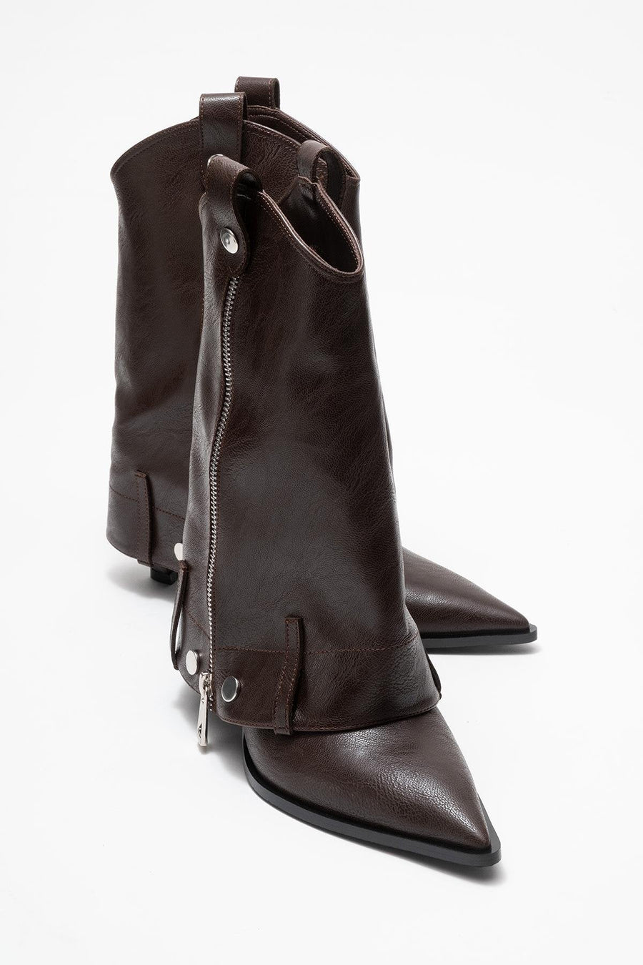 Lola - Brown Zip Pointed Toe Heeled Boot