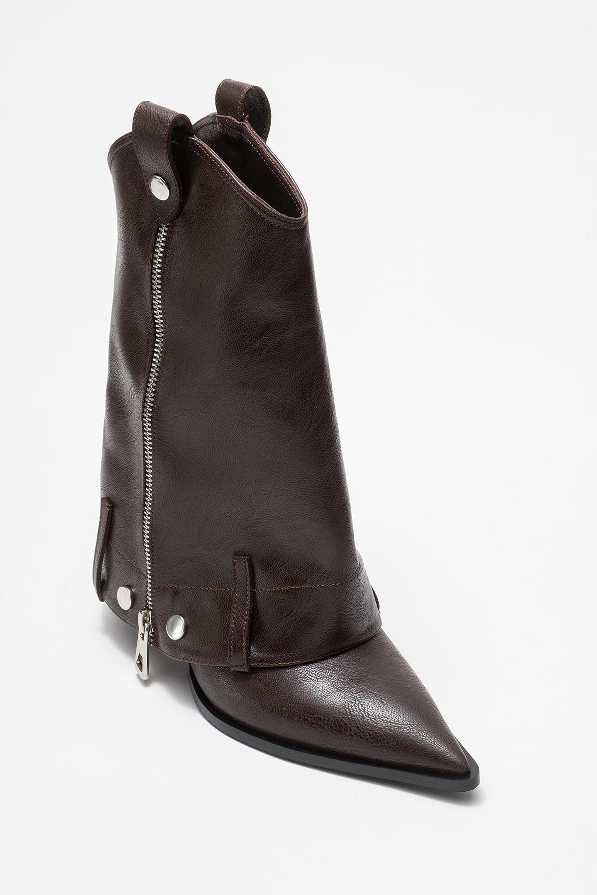 Lola - Brown Zip Pointed Toe Heeled Boot – detail view showing leather, Vowalisse