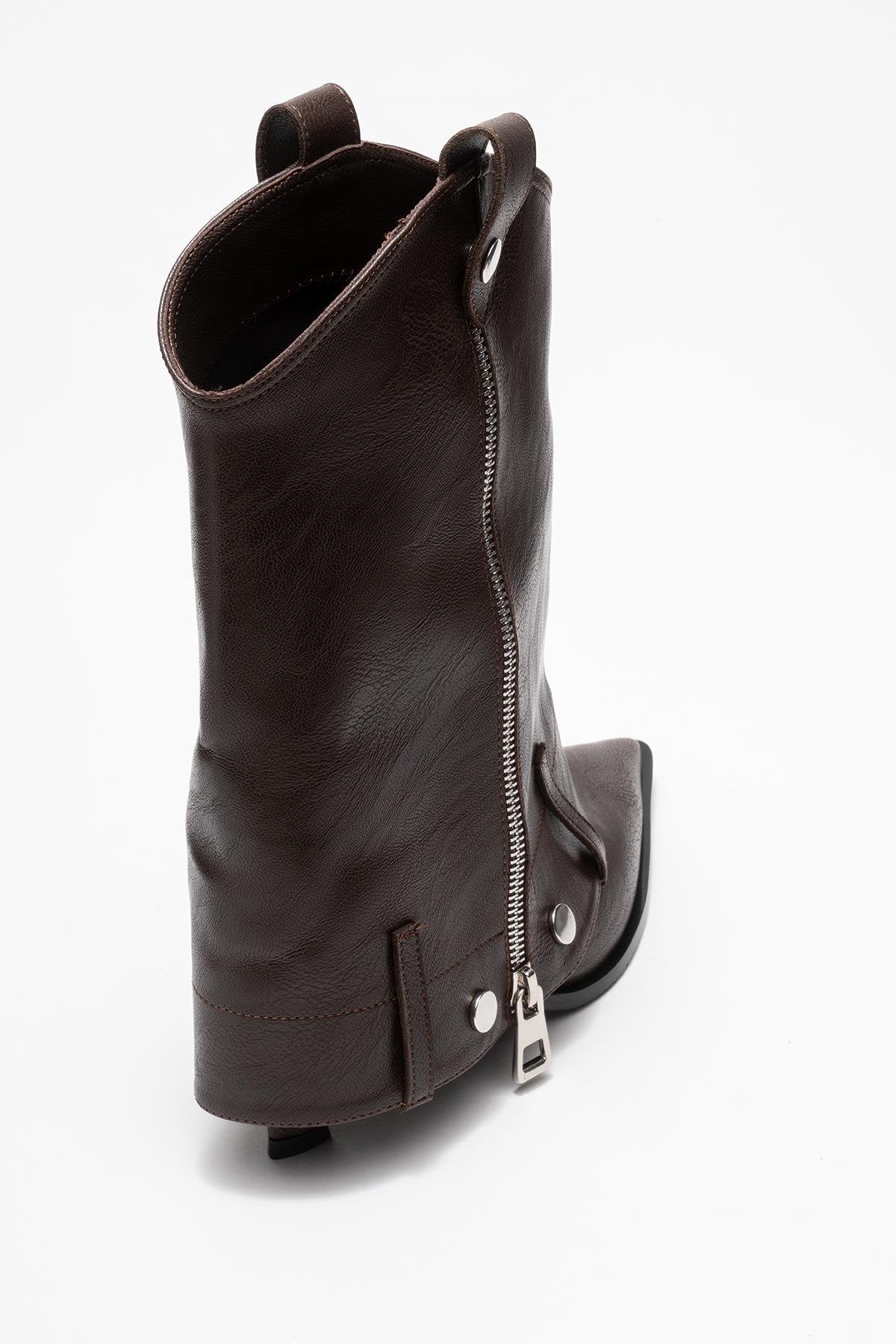 Lola - Brown Zip Pointed Toe Heeled Boot – back view showing leather, Vowalisse