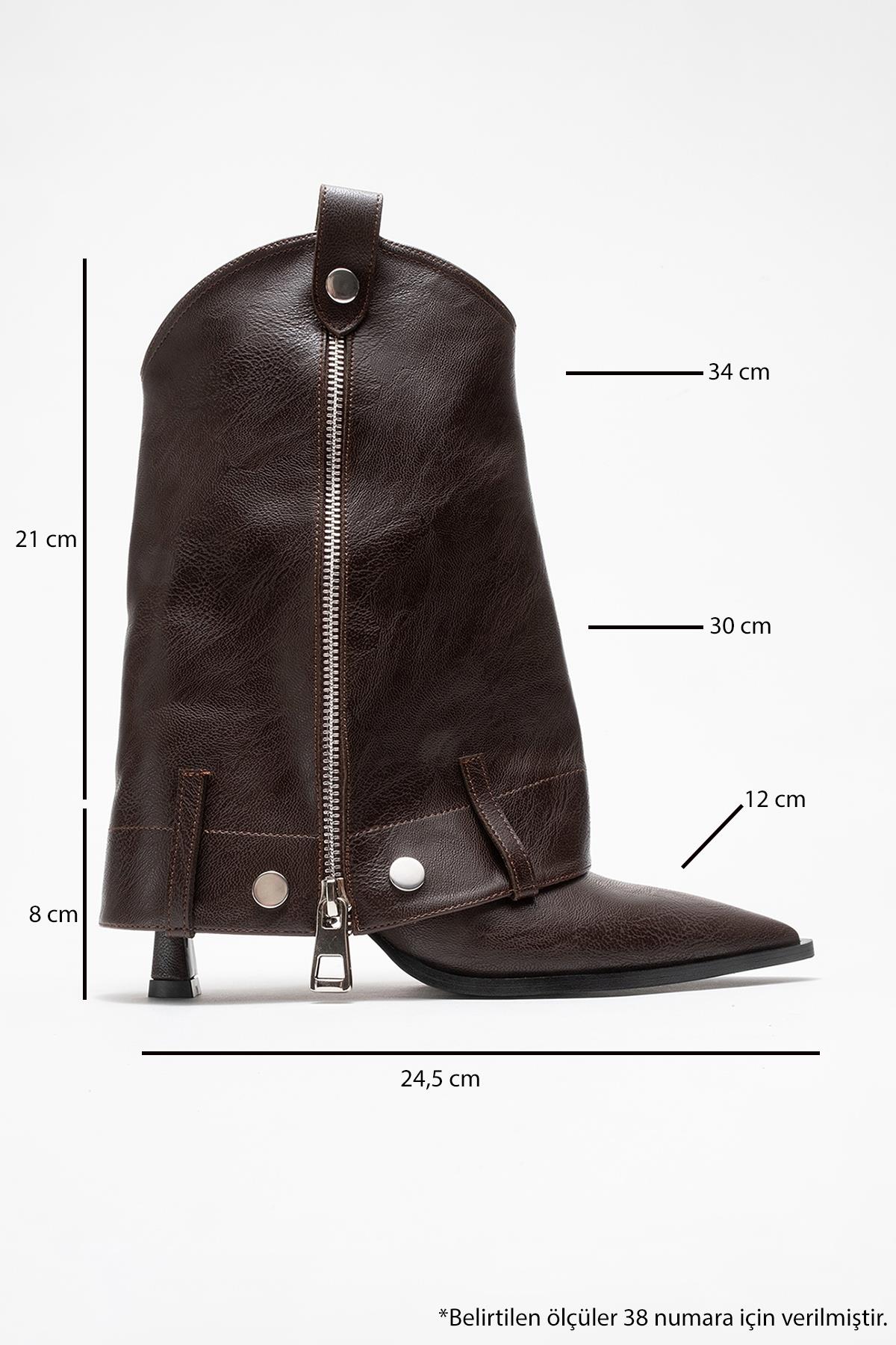 Lola - Brown Zip Pointed Toe Heeled Boot – sole view showing leather, Vowalisse