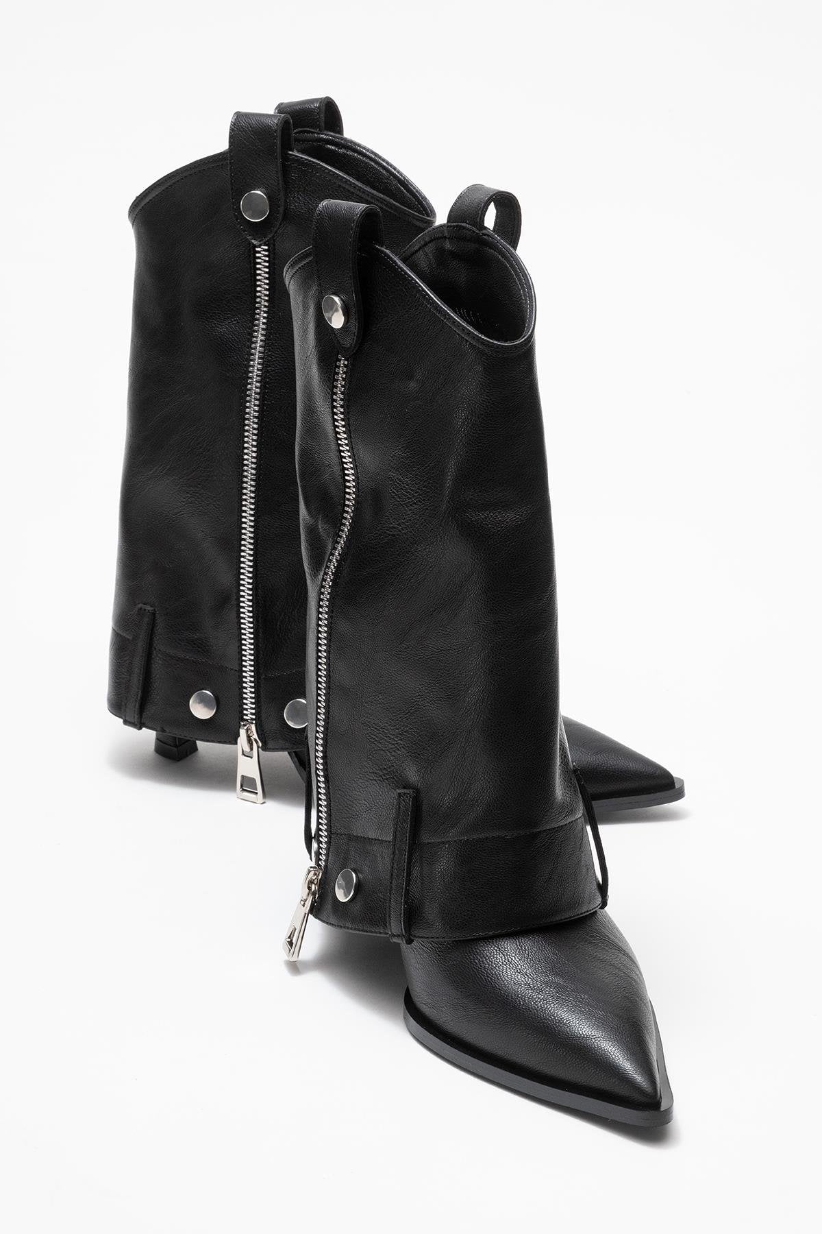 Lola - Black Zip Pointed Toe Heeled Boot – front three-quarter view showing leather, metallic, black, Vowalisse