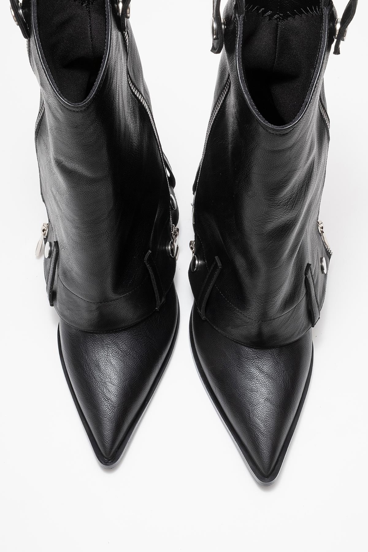 Lola - Black Zip Pointed Toe Heeled Boot – side view showing leather, metallic, black, Vowalisse