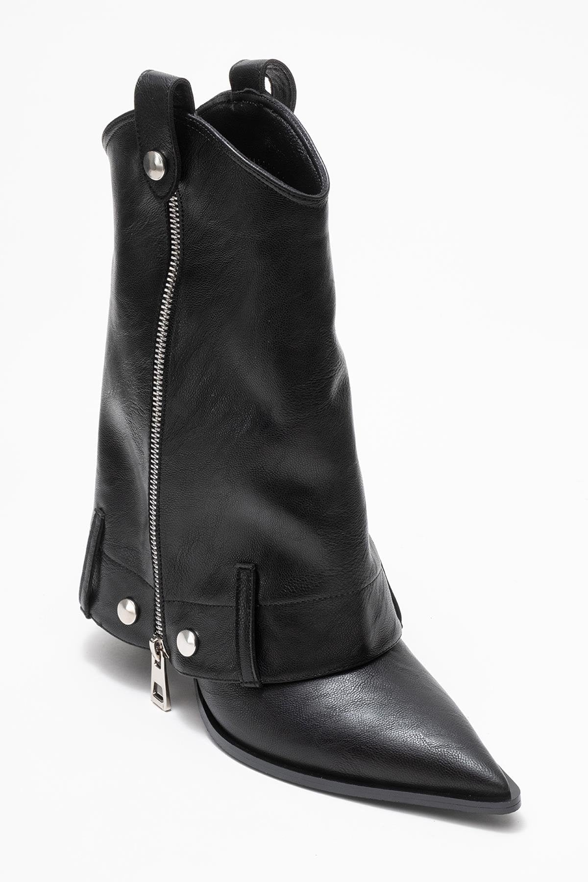 Lola - Black Zip Pointed Toe Heeled Boot – detail view showing leather, metallic, black, Vowalisse