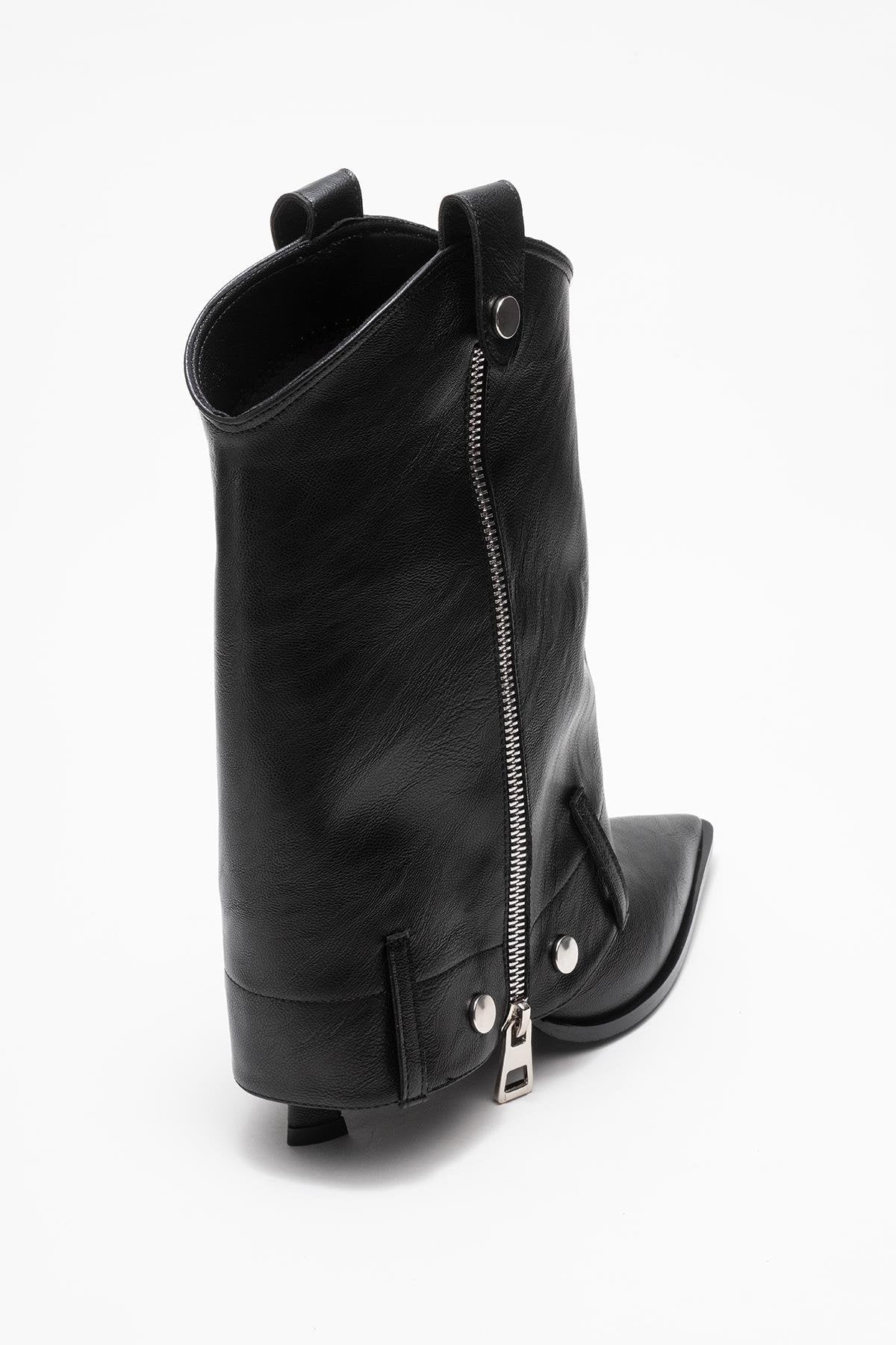 Lola - Black Zip Pointed Toe Heeled Boot – back view showing leather, metallic, black, Vowalisse