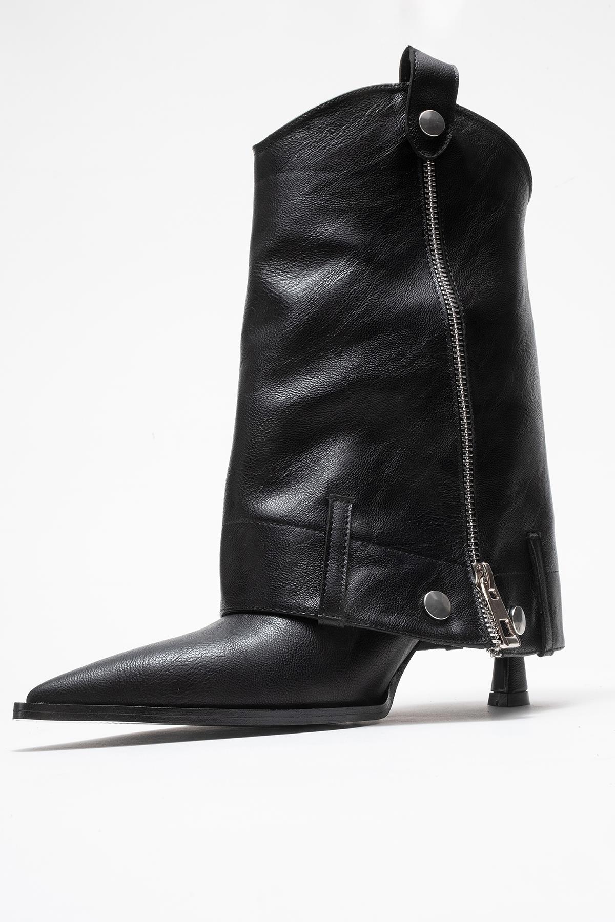 Lola - Black Zip Pointed Toe Heeled Boot – top view showing leather, metallic, black, Vowalisse