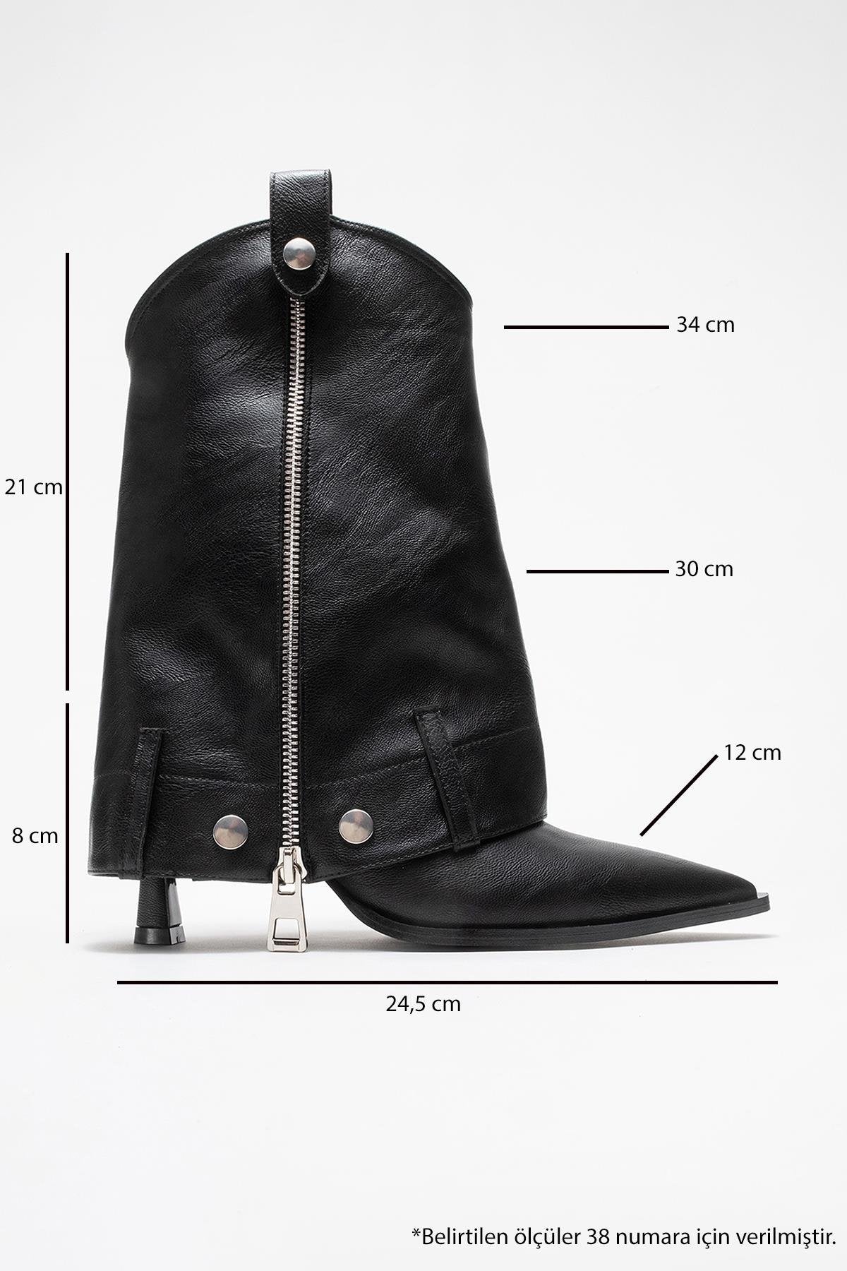 Lola - Black Zip Pointed Toe Heeled Boot – sole view showing leather, metallic, black, Vowalisse