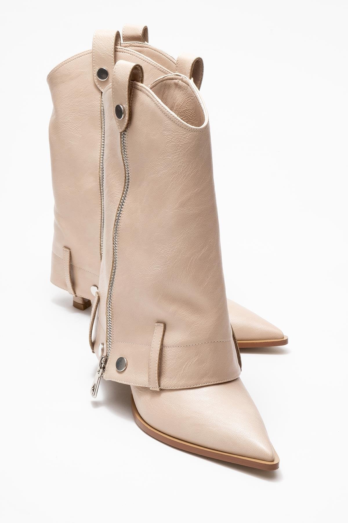 Lola - Beige Zip Pointed Toe Heeled Boot – front three-quarter view showing leather, Vowalisse