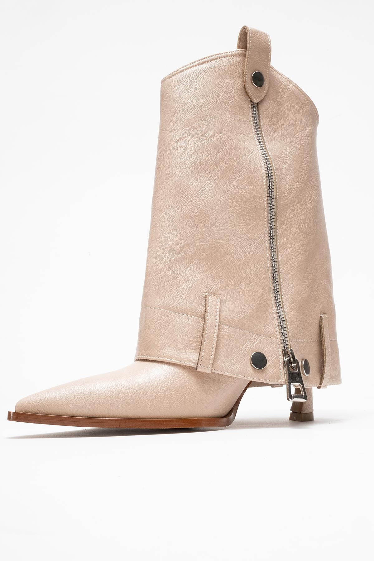Lola - Beige Zip Pointed Toe Heeled Boot – heel view showing leather, Vowalisse