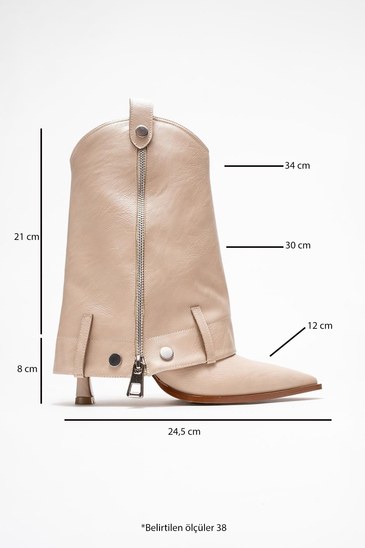 Lola - Beige Zip Pointed Toe Heeled Boot – sole view showing leather, Vowalisse