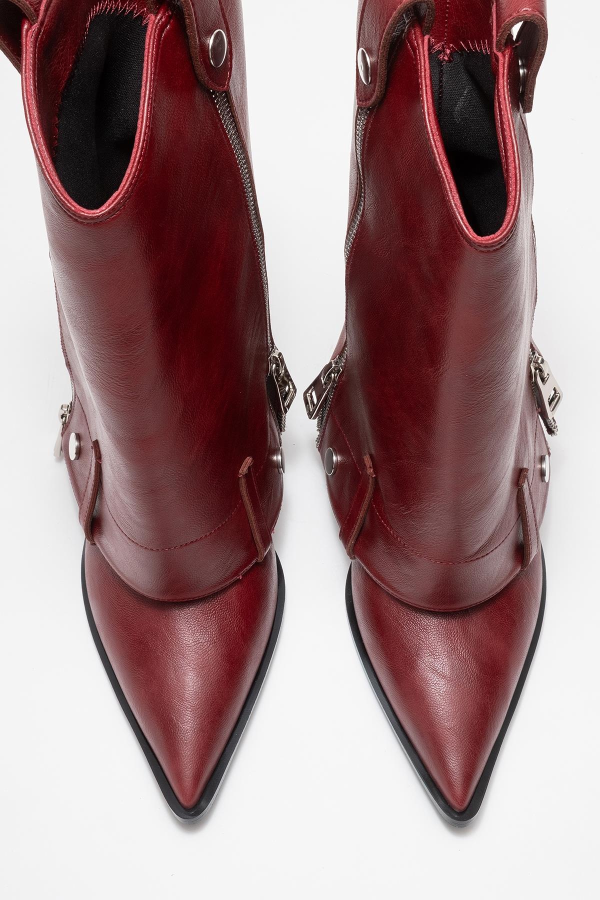 Lola - Burgundy Zip Pointed Toe Heeled Boot – side view showing leather, Vowalisse