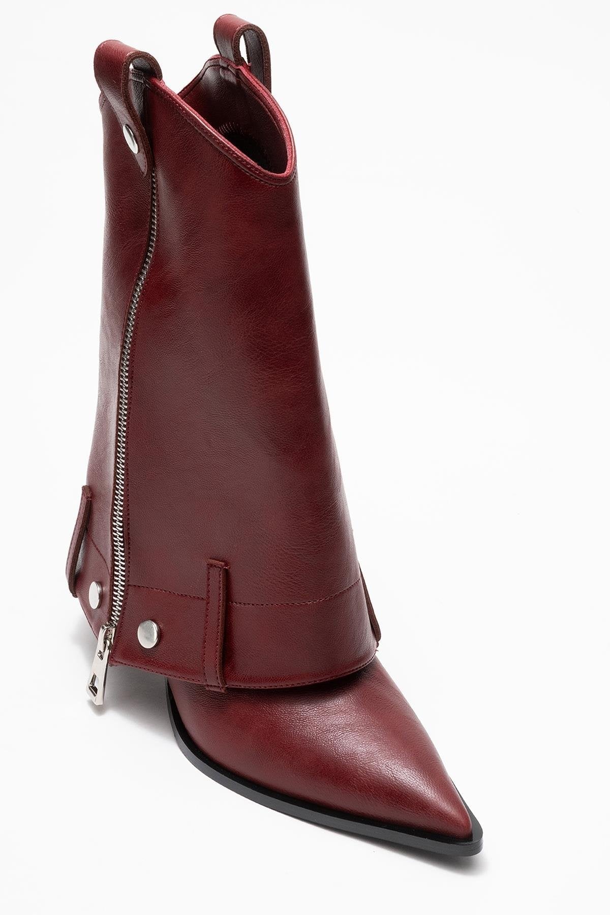 Lola - Burgundy Zip Pointed Toe Heeled Boot – detail view showing leather, Vowalisse