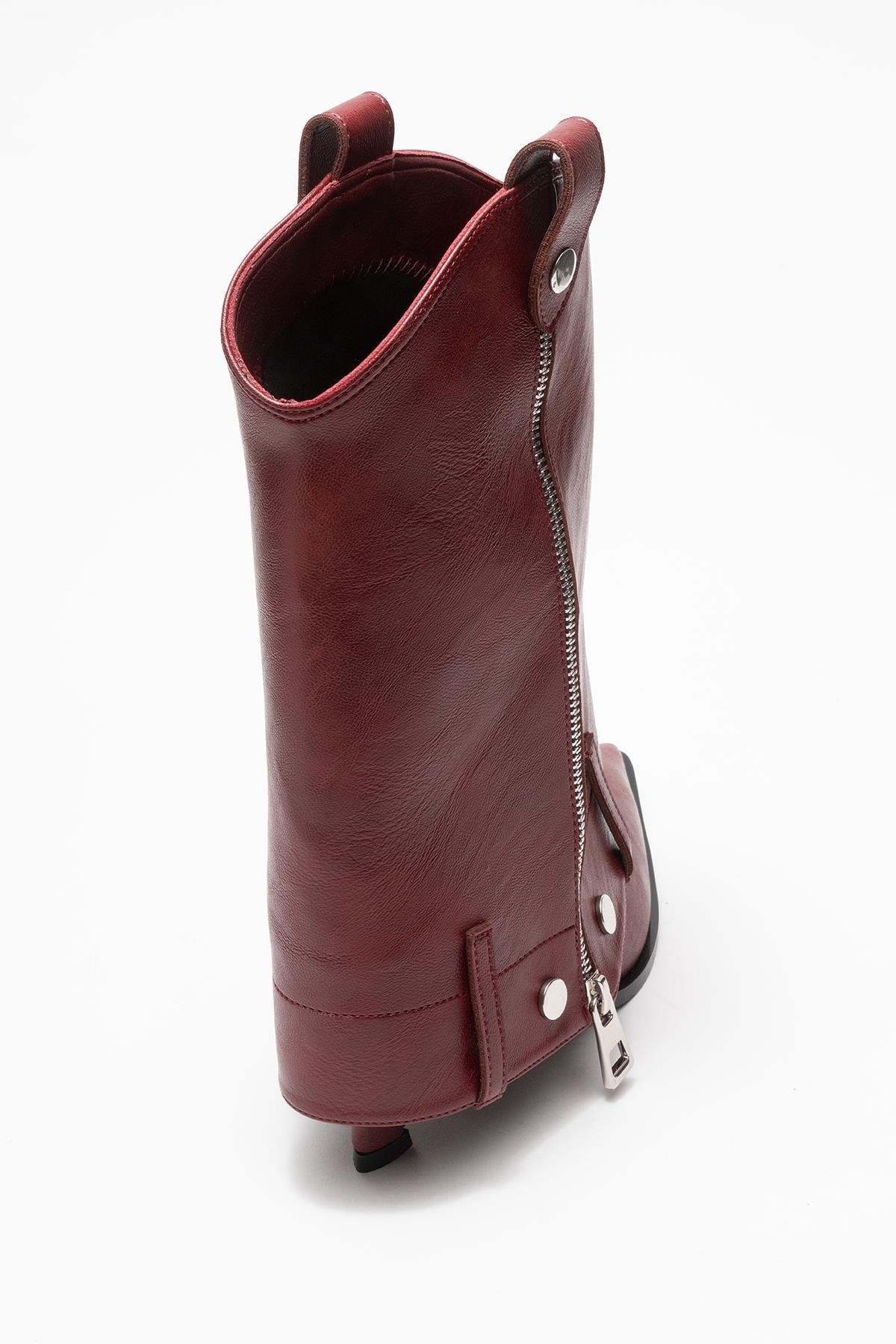 Lola - Burgundy Zip Pointed Toe Heeled Boot – back view showing leather, Vowalisse