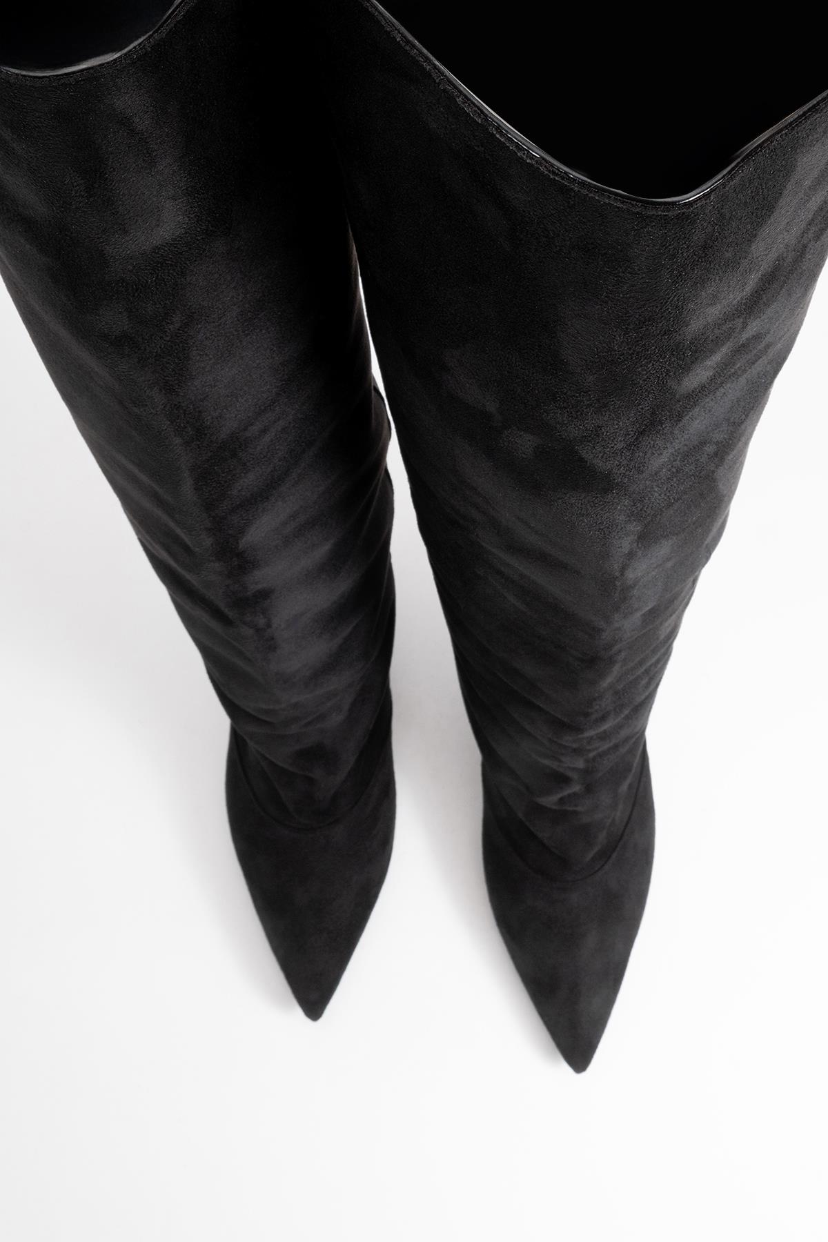Zach - Black Slim Heel Over-The-Knee Boot – side view showing suede, black, Vowalisse