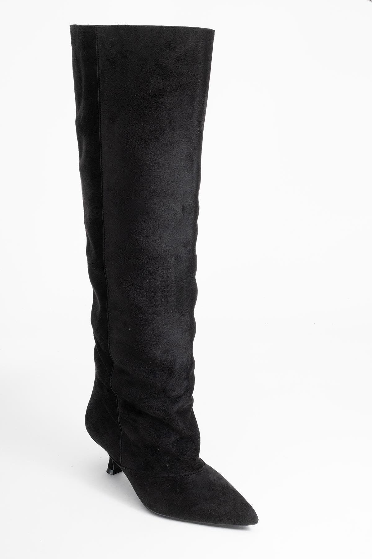 Zach - Black Slim Heel Over-The-Knee Boot – detail view showing suede, black, Vowalisse