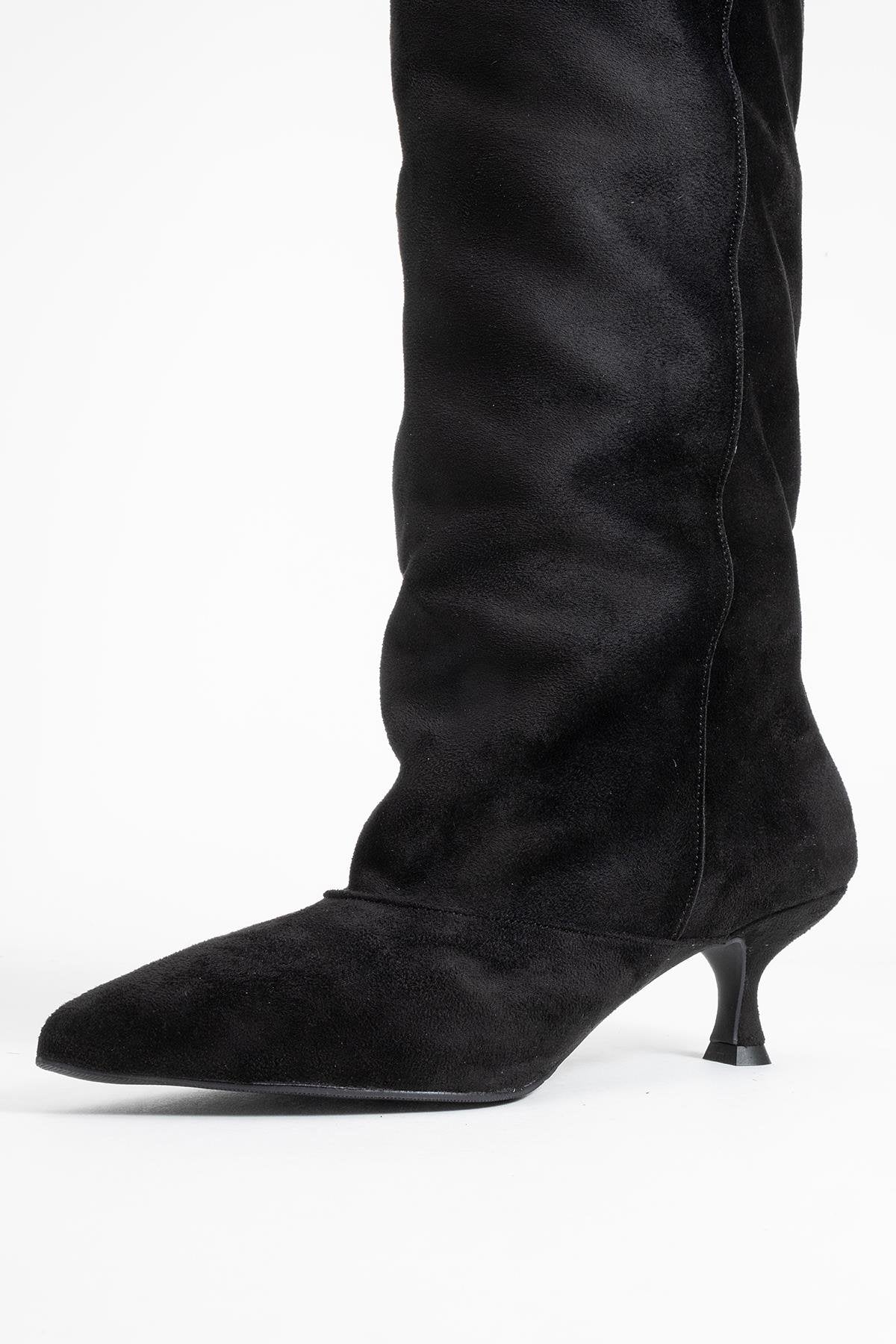 Zach - Black Slim Heel Over-The-Knee Boot – heel view showing suede, black, Vowalisse