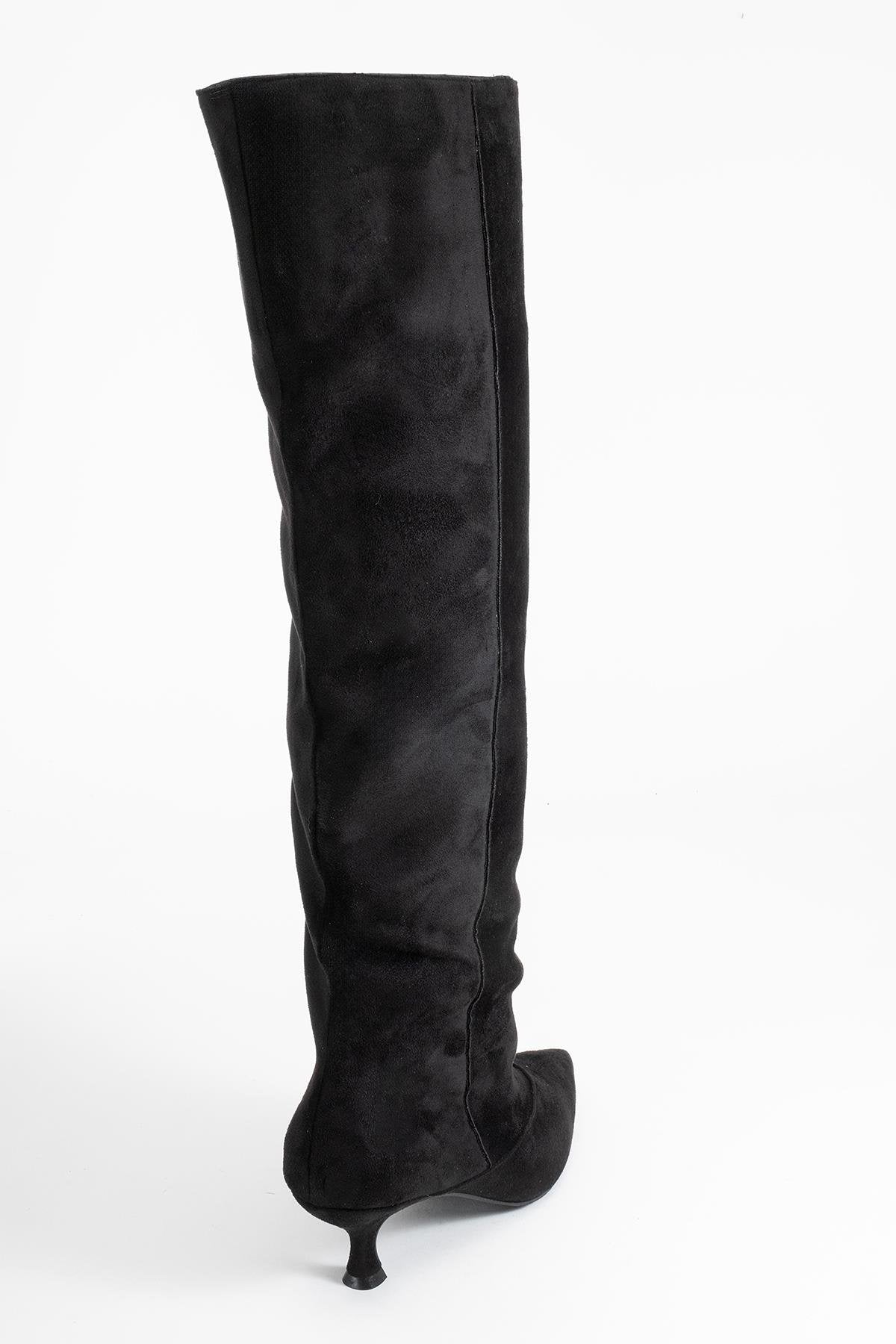 Zach - Black Slim Heel Over-The-Knee Boot – back view showing suede, black, Vowalisse