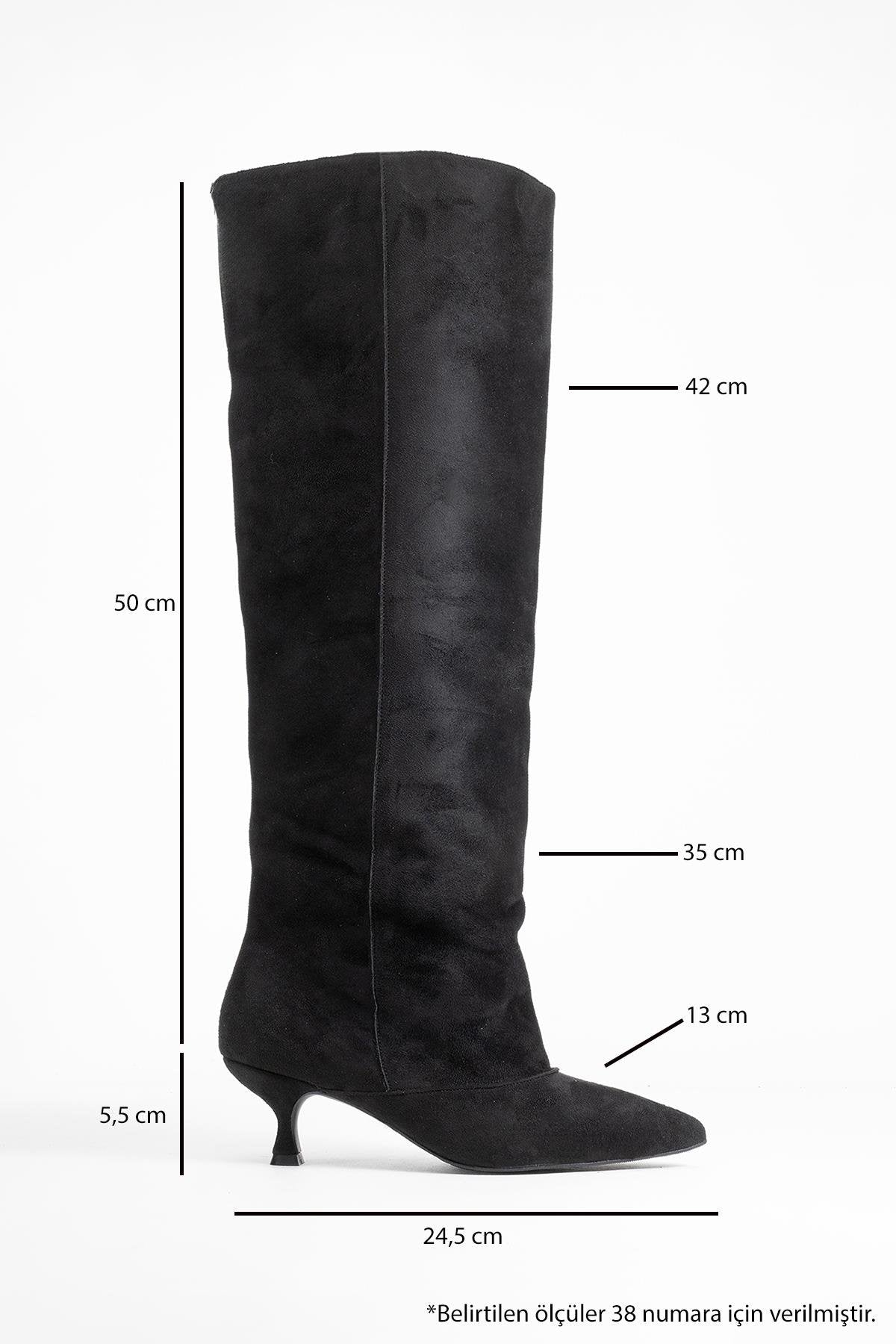 Zach - Black Slim Heel Over-The-Knee Boot – top view showing suede, black, Vowalisse