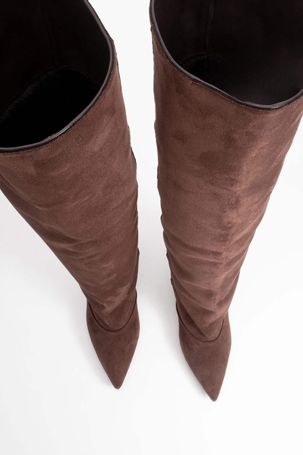 Zach - Brown Slim Heel Over-The-Knee Boot – side view showing suede, Vowalisse