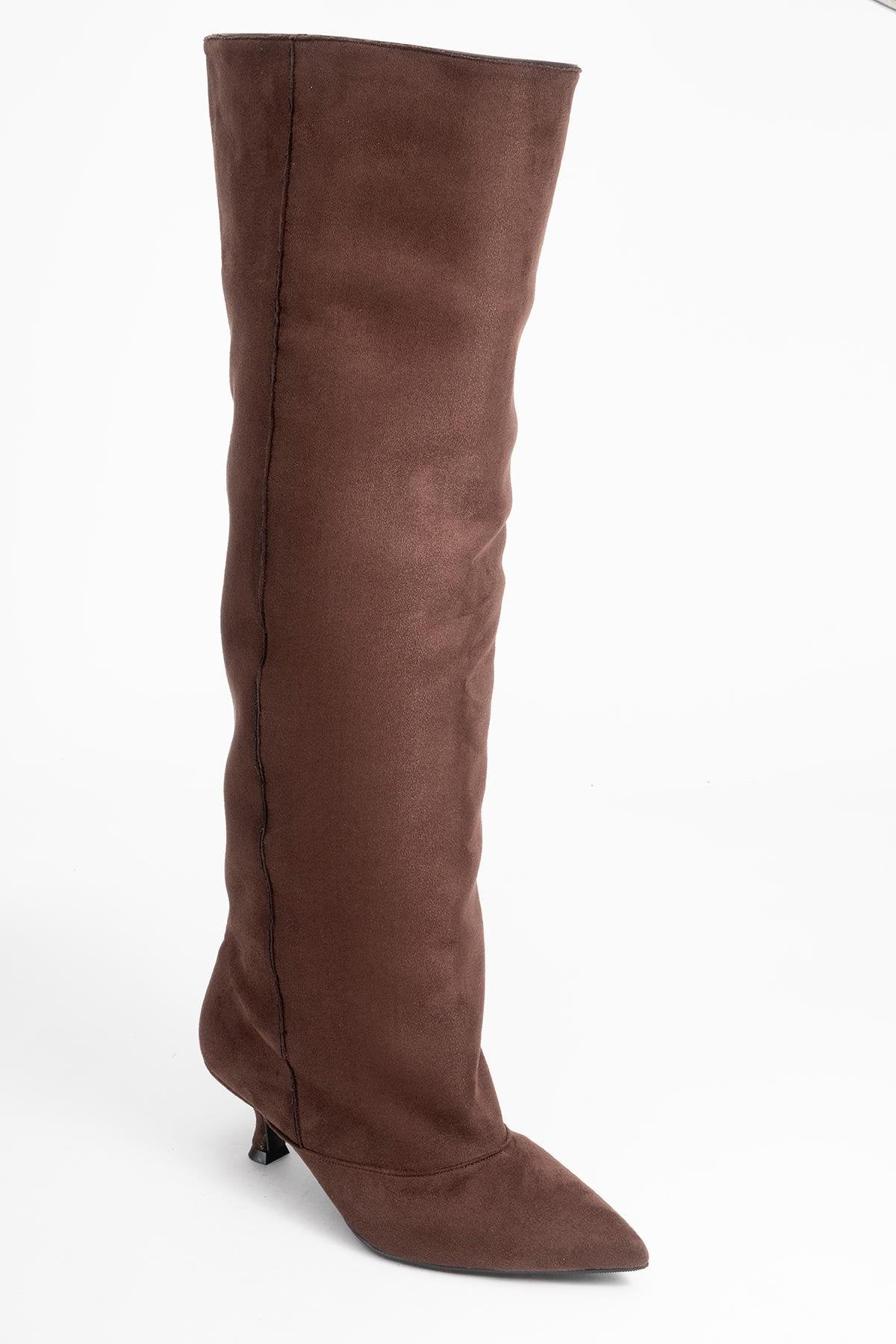 Zach - Brown Slim Heel Over-The-Knee Boot – detail view showing suede, Vowalisse