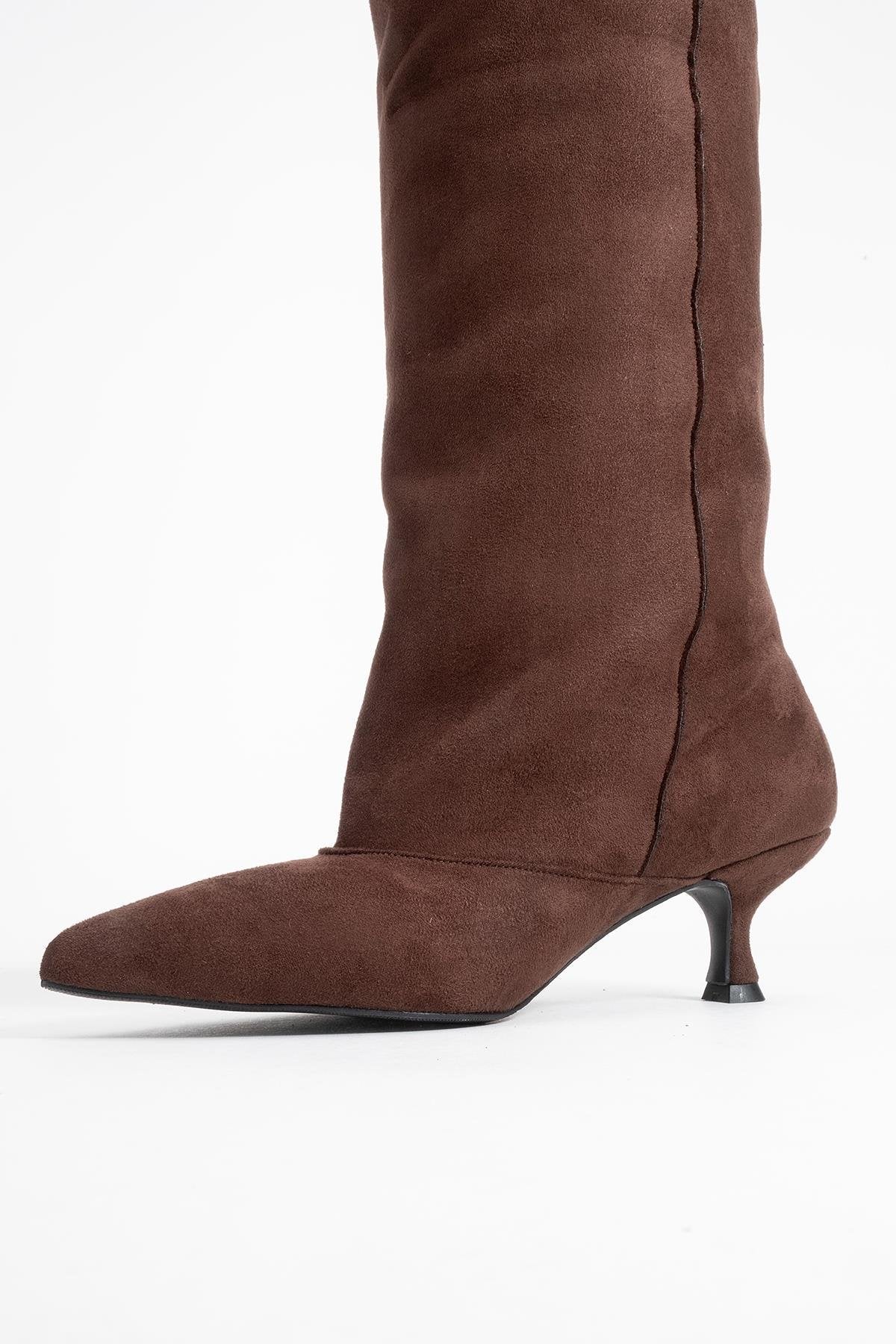 Zach - Brown Slim Heel Over-The-Knee Boot – heel view showing suede, Vowalisse