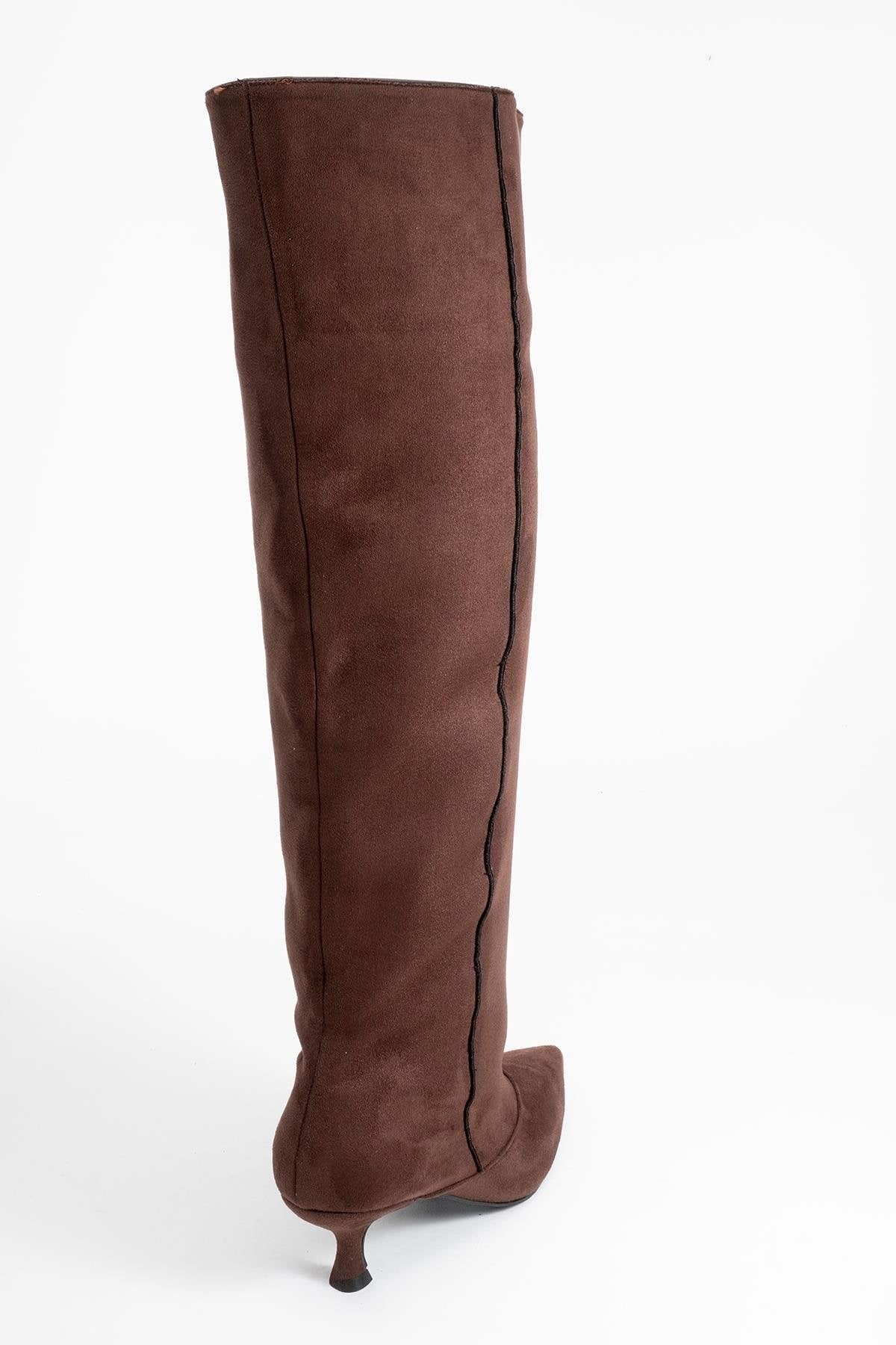 Zach - Brown Slim Heel Over-The-Knee Boot – back view showing suede, Vowalisse